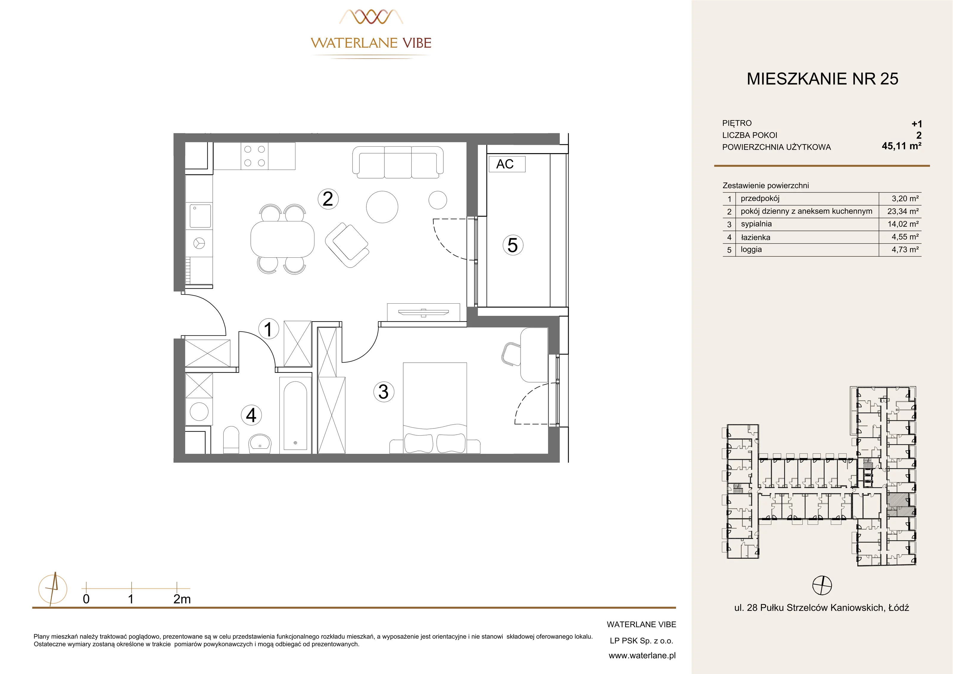 2 pokoje, mieszkanie 45,11 m², piętro 1, oferta nr 25, Waterlane Vibe, Łódź, Polesie, Stare Polesie, ul. 28 Pułku Strzelców Kaniowskich 29