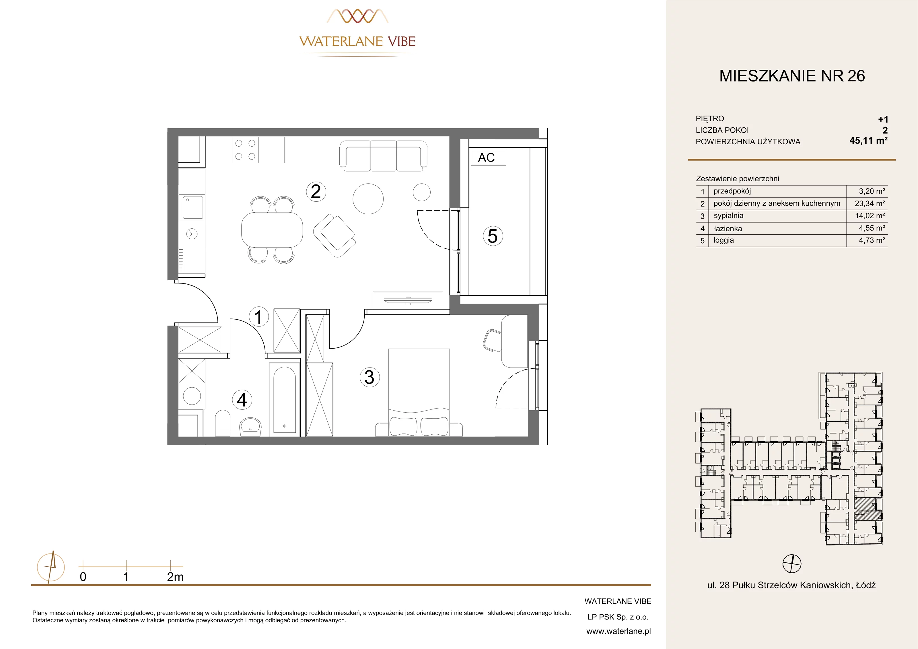 2 pokoje, mieszkanie 45,11 m², piętro 1, oferta nr 26, Waterlane Vibe, Łódź, Polesie, Stare Polesie, ul. 28 Pułku Strzelców Kaniowskich 29