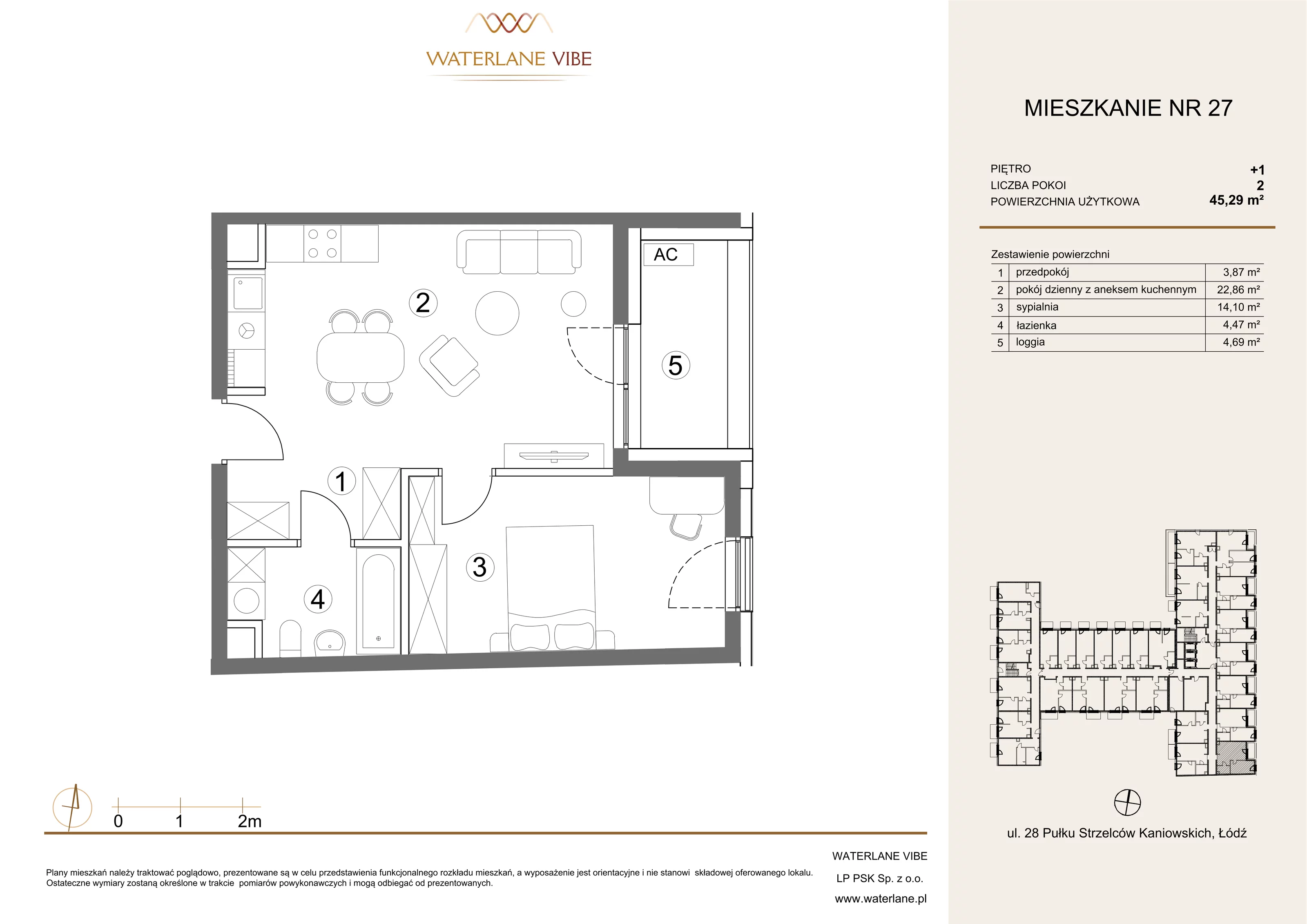 2 pokoje, mieszkanie 45,29 m², piętro 1, oferta nr 27, Waterlane Vibe, Łódź, Polesie, Stare Polesie, ul. 28 Pułku Strzelców Kaniowskich 29