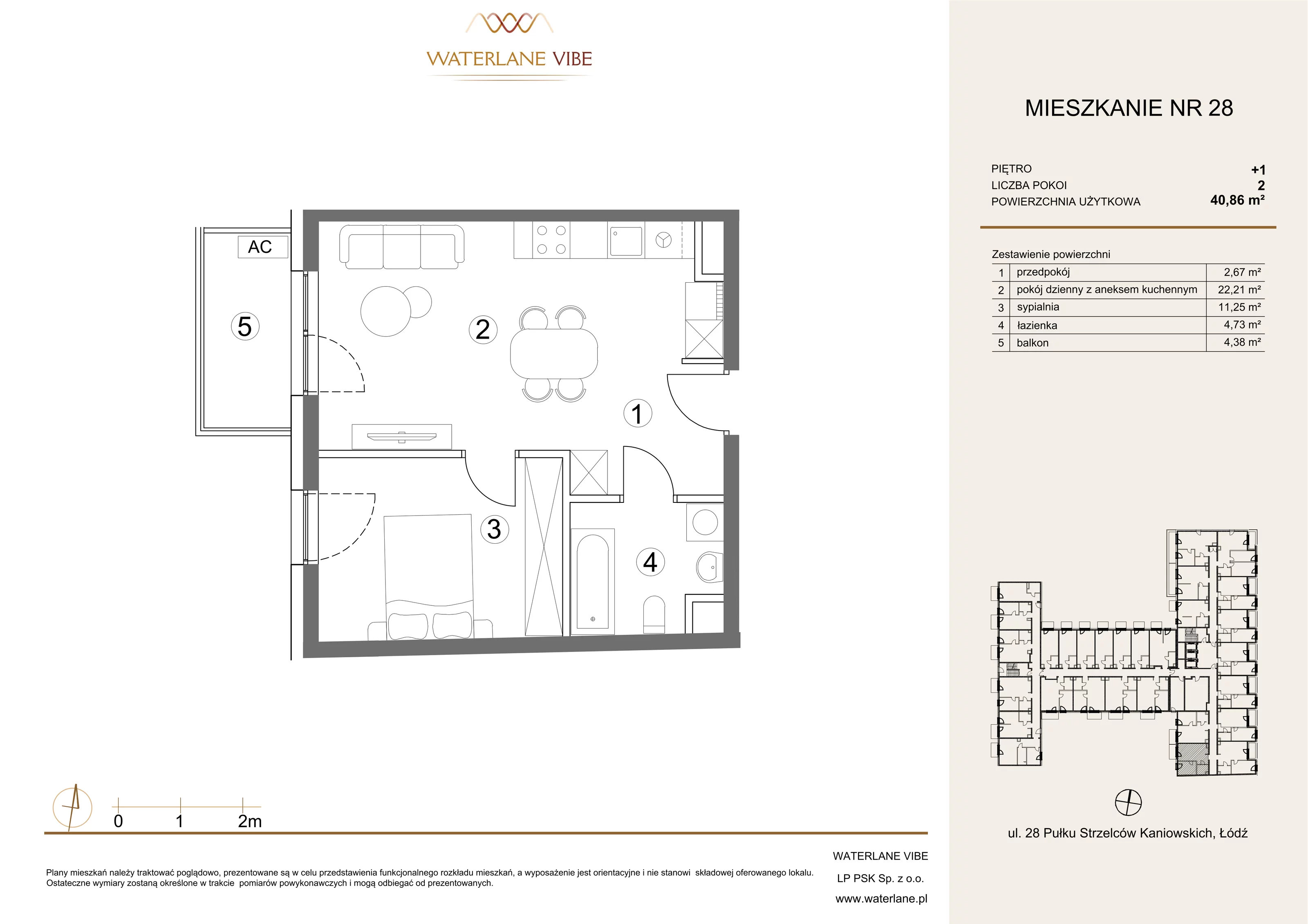 2 pokoje, mieszkanie 40,86 m², piętro 1, oferta nr 28, Waterlane Vibe, Łódź, Polesie, Stare Polesie, ul. 28 Pułku Strzelców Kaniowskich 29