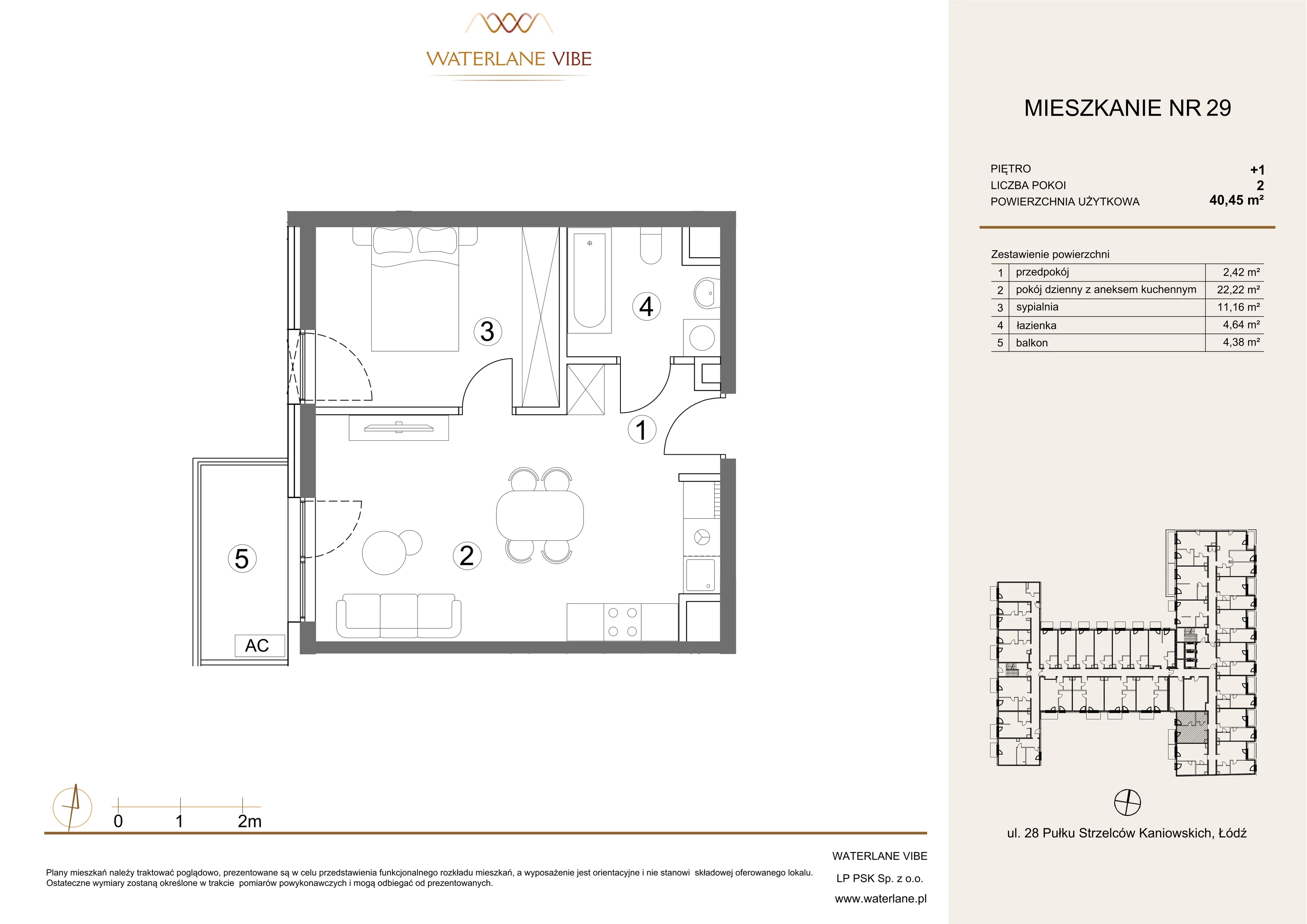 2 pokoje, mieszkanie 40,45 m², piętro 1, oferta nr 29, Waterlane Vibe, Łódź, Polesie, Stare Polesie, ul. 28 Pułku Strzelców Kaniowskich 29