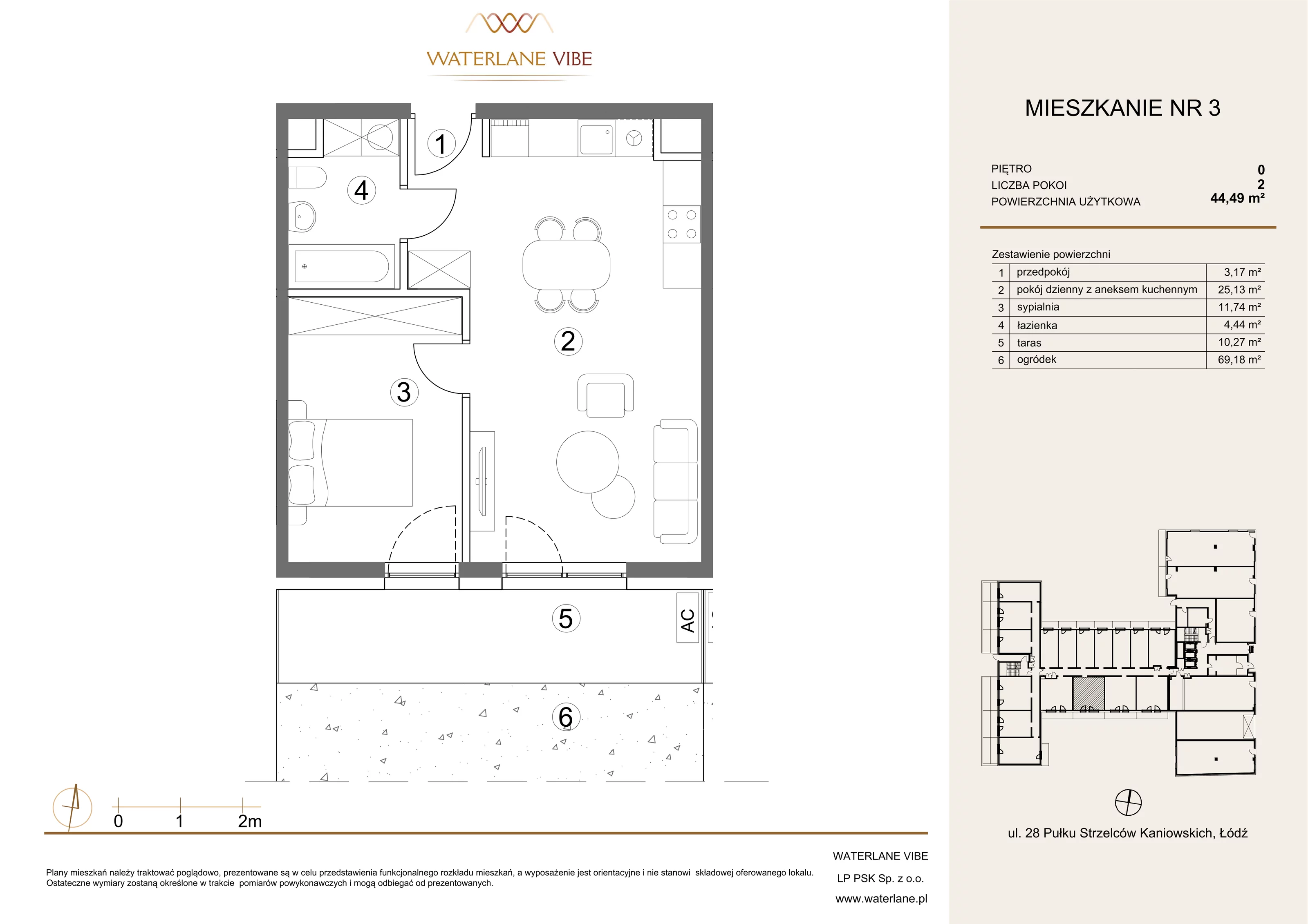 2 pokoje, mieszkanie 44,49 m², parter, oferta nr 3, Waterlane Vibe, Łódź, Polesie, Stare Polesie, ul. 28 Pułku Strzelców Kaniowskich 29