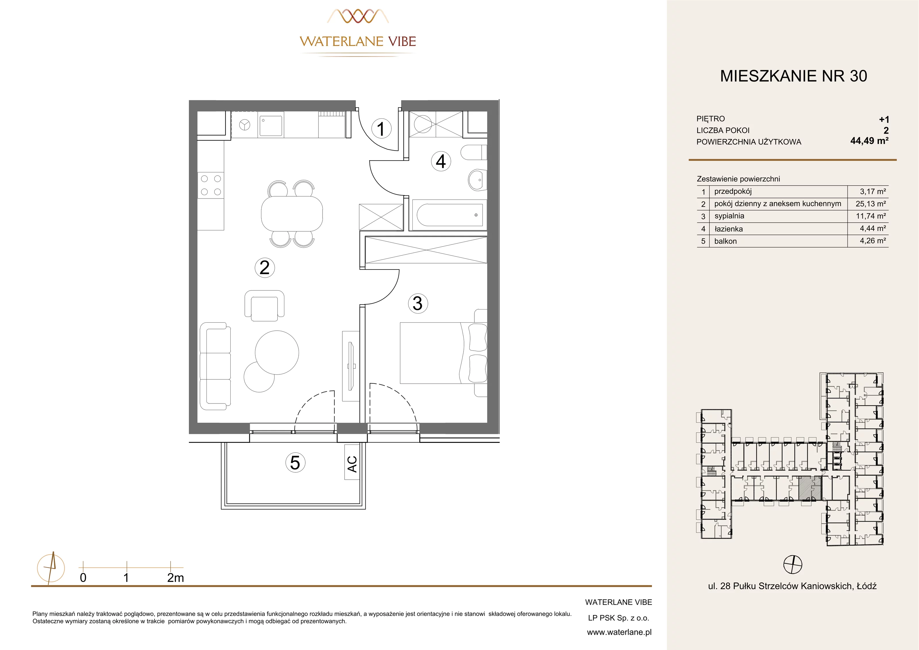2 pokoje, mieszkanie 44,49 m², piętro 1, oferta nr 30, Waterlane Vibe, Łódź, Polesie, Stare Polesie, ul. 28 Pułku Strzelców Kaniowskich 29