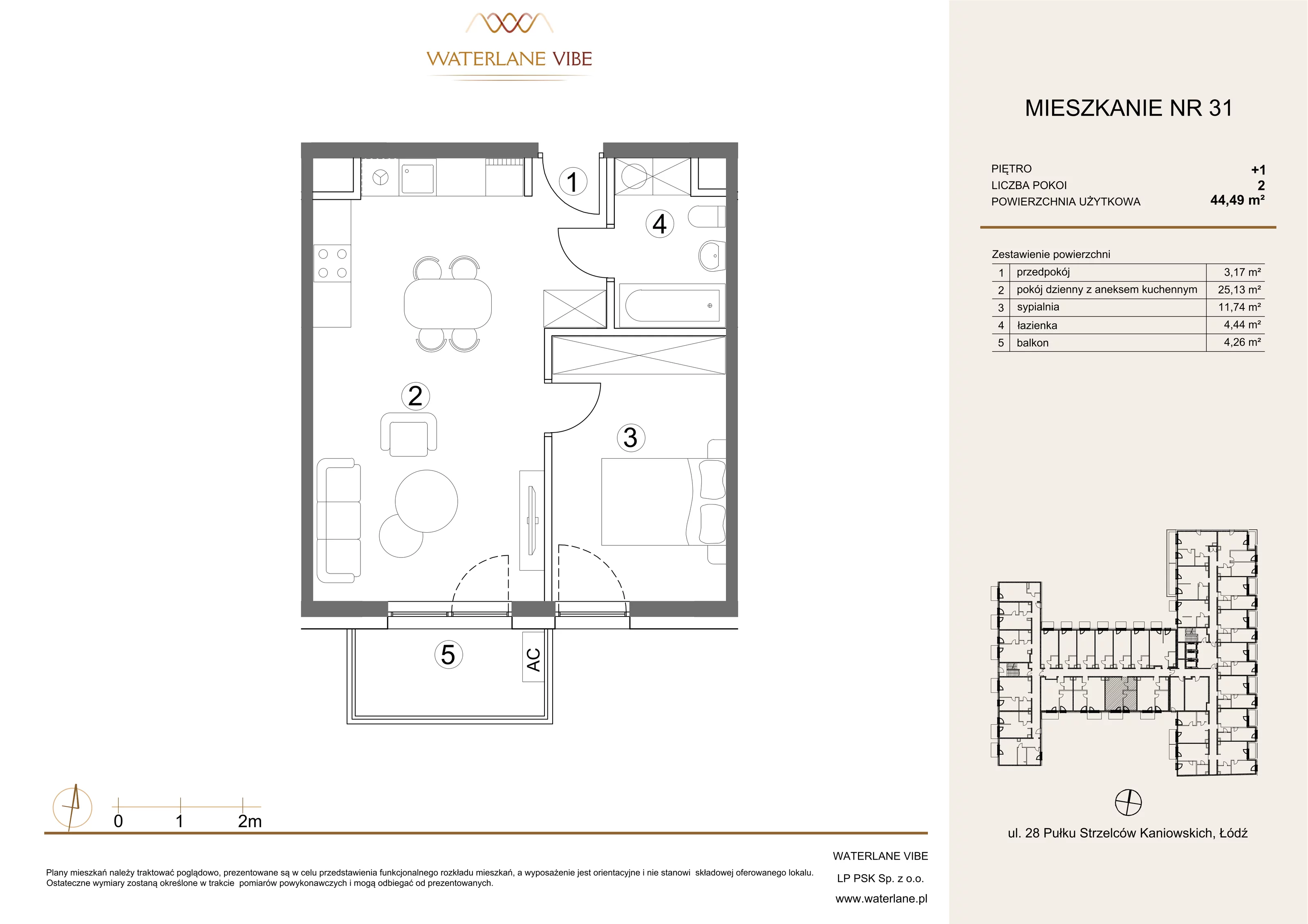 2 pokoje, mieszkanie 44,49 m², piętro 1, oferta nr 31, Waterlane Vibe, Łódź, Polesie, Stare Polesie, ul. 28 Pułku Strzelców Kaniowskich 29