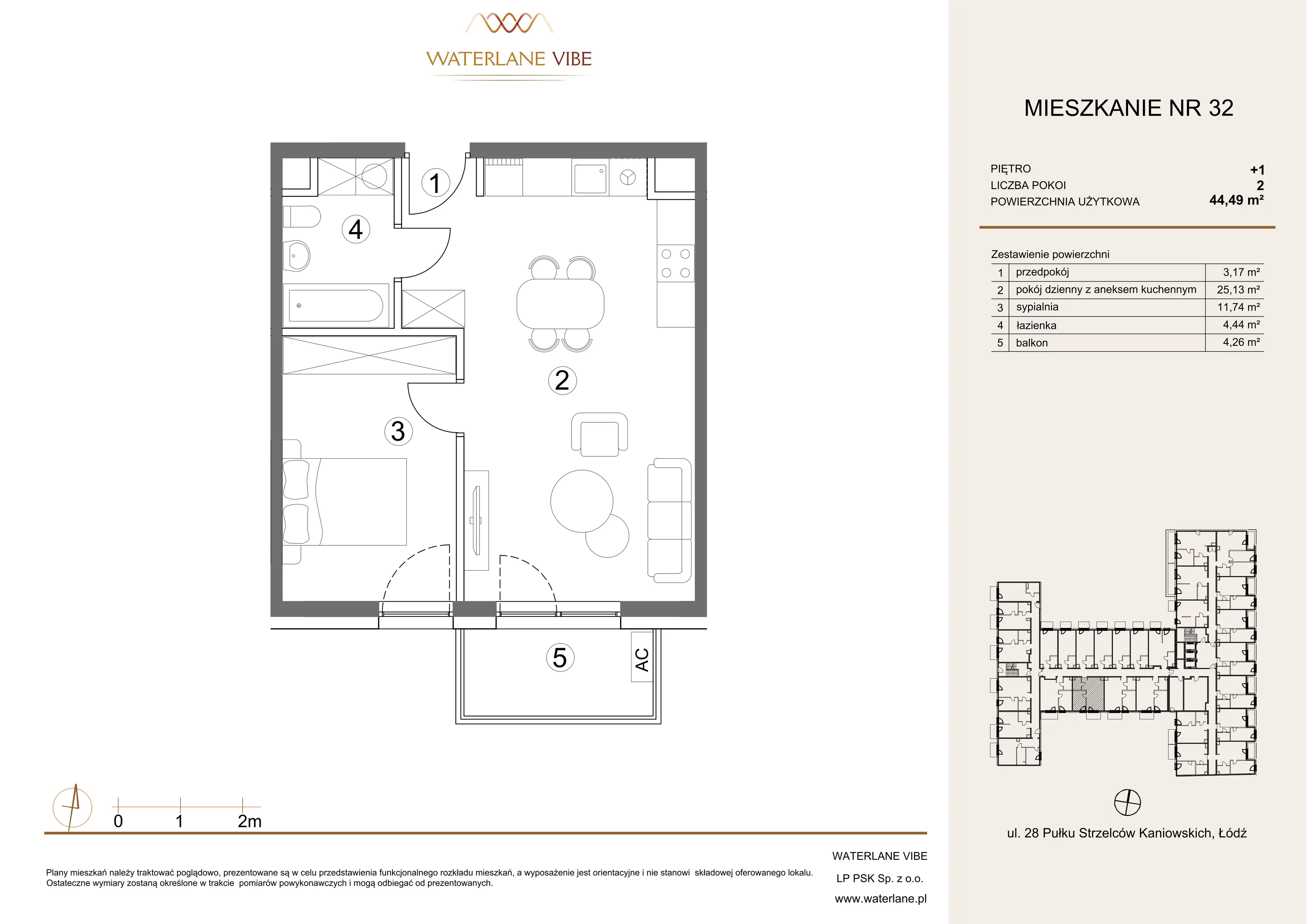2 pokoje, mieszkanie 44,49 m², piętro 1, oferta nr 32, Waterlane Vibe, Łódź, Polesie, Stare Polesie, ul. 28 Pułku Strzelców Kaniowskich 29