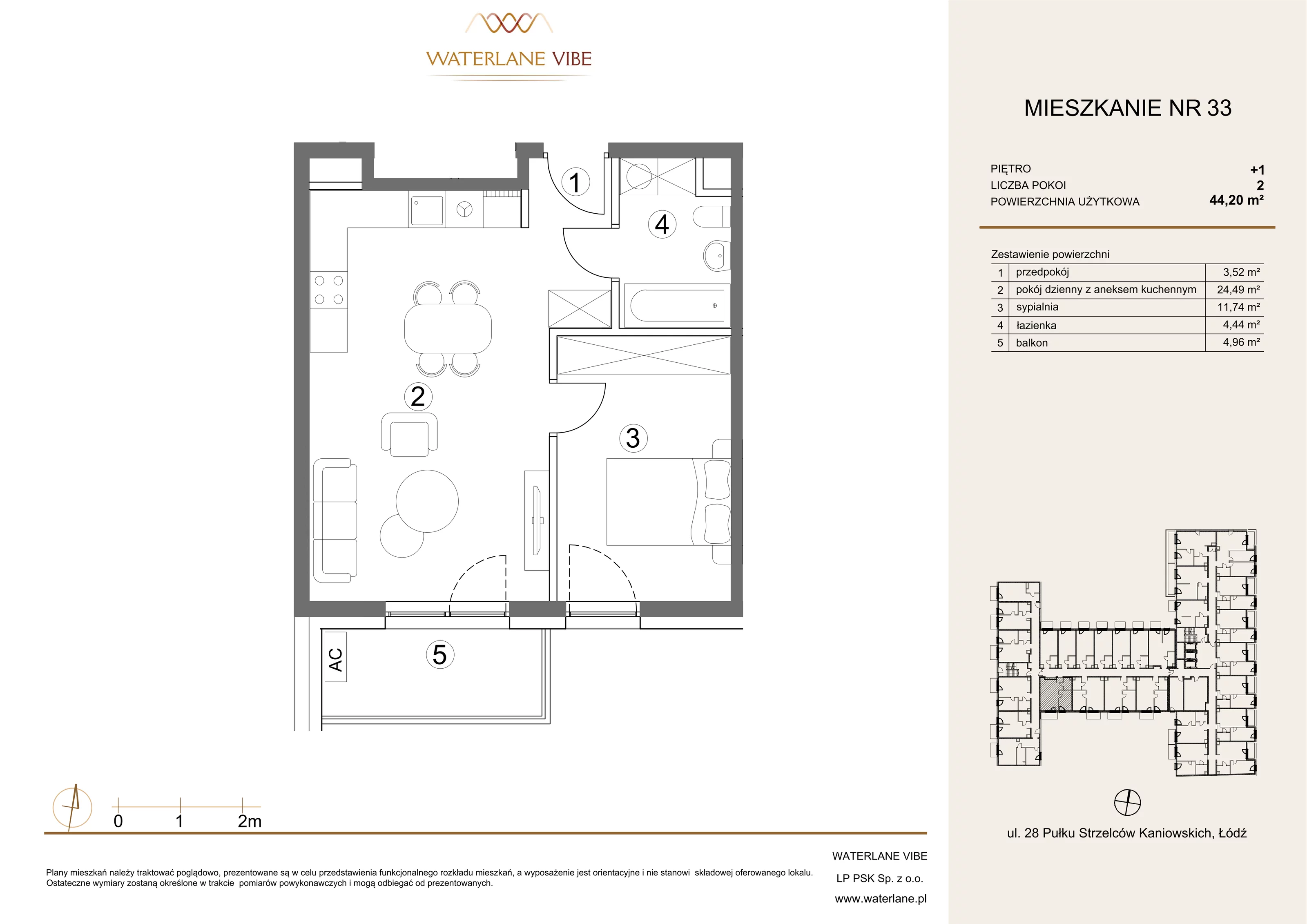 2 pokoje, mieszkanie 44,20 m², piętro 1, oferta nr 33, Waterlane Vibe, Łódź, Polesie, Stare Polesie, ul. 28 Pułku Strzelców Kaniowskich 29