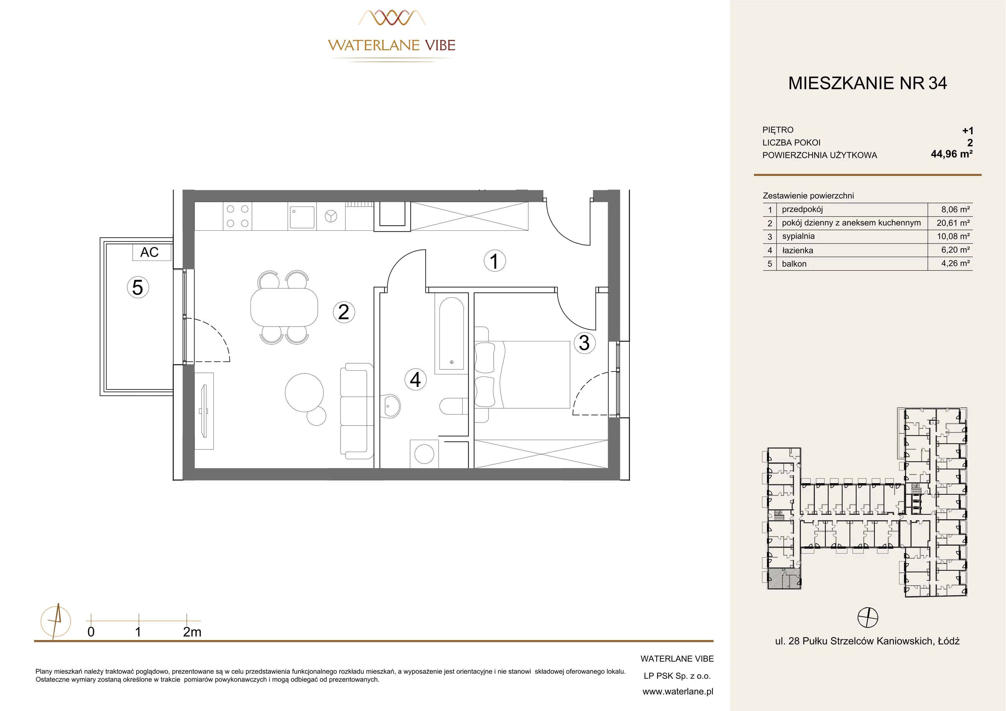 2 pokoje, mieszkanie 44,96 m², piętro 1, oferta nr 34, Waterlane Vibe, Łódź, Polesie, Stare Polesie, ul. 28 Pułku Strzelców Kaniowskich 29