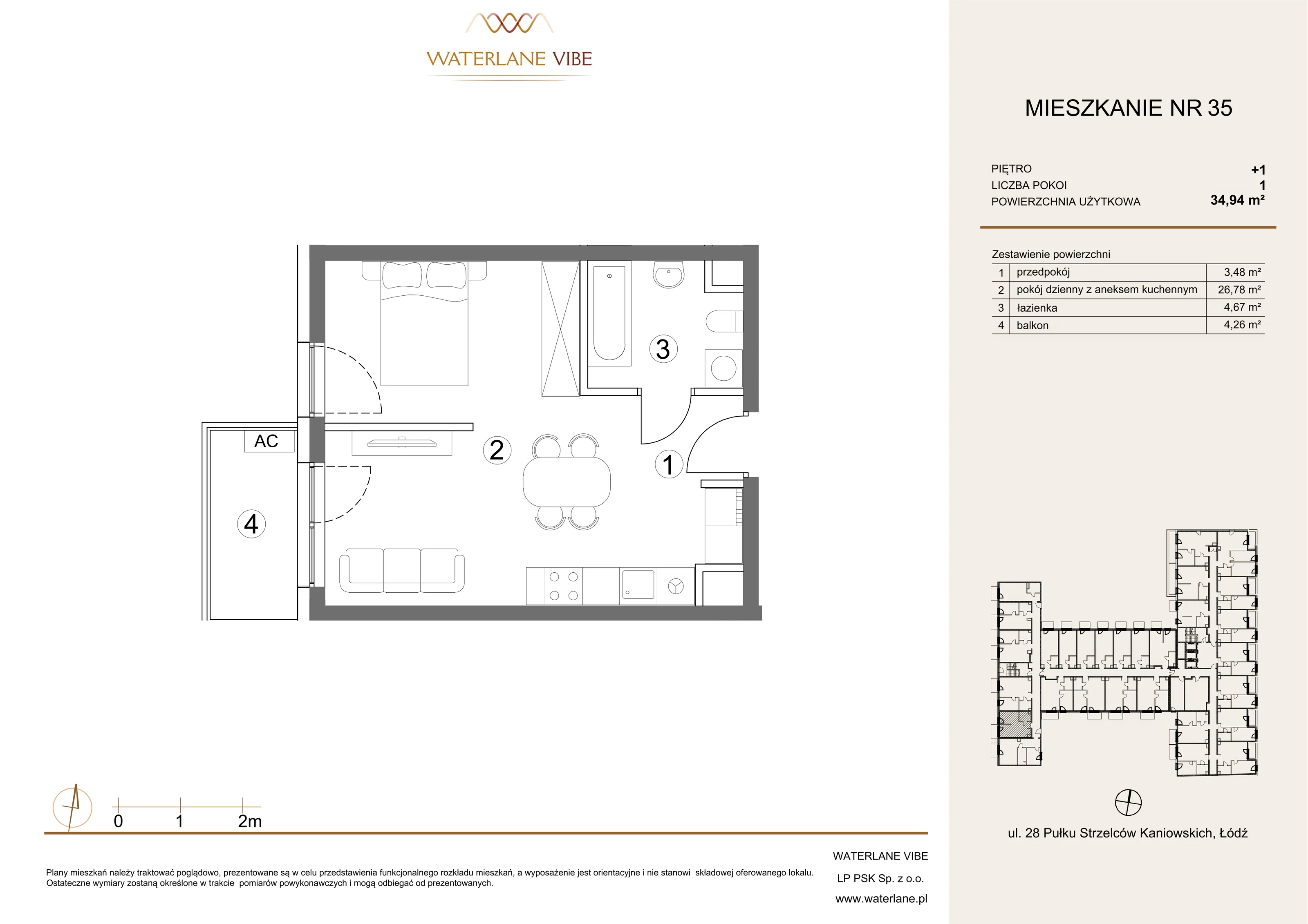 1 pokój, mieszkanie 34,94 m², piętro 1, oferta nr 35, Waterlane Vibe, Łódź, Polesie, Stare Polesie, ul. 28 Pułku Strzelców Kaniowskich 29