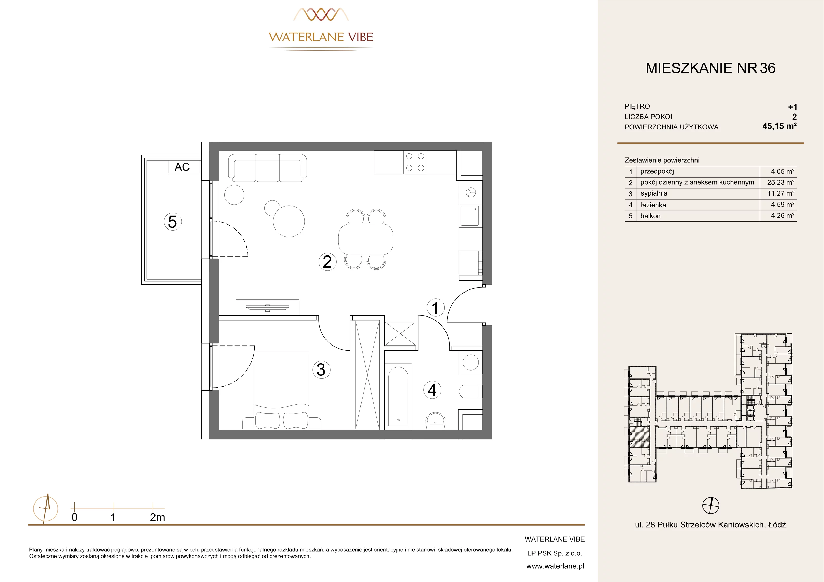 2 pokoje, mieszkanie 45,15 m², piętro 1, oferta nr 36, Waterlane Vibe, Łódź, Polesie, Stare Polesie, ul. 28 Pułku Strzelców Kaniowskich 29