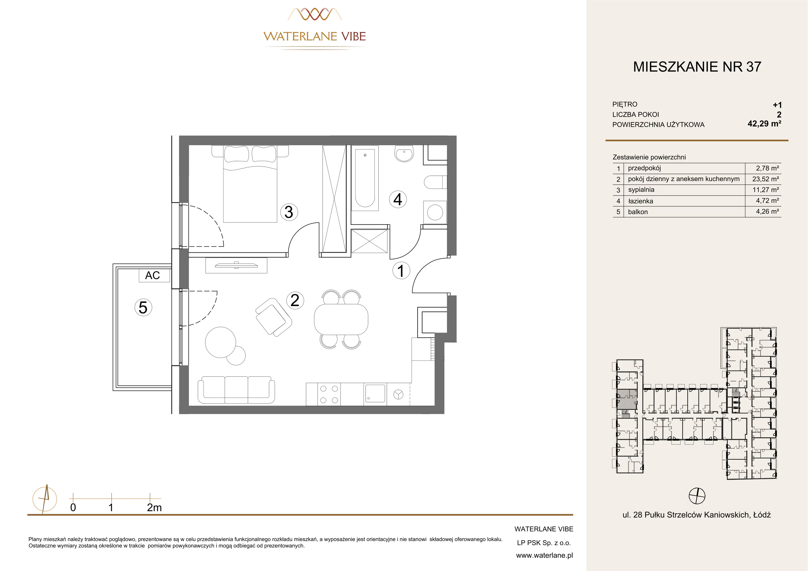 2 pokoje, mieszkanie 42,29 m², piętro 1, oferta nr 37, Waterlane Vibe, Łódź, Polesie, Stare Polesie, ul. 28 Pułku Strzelców Kaniowskich 29
