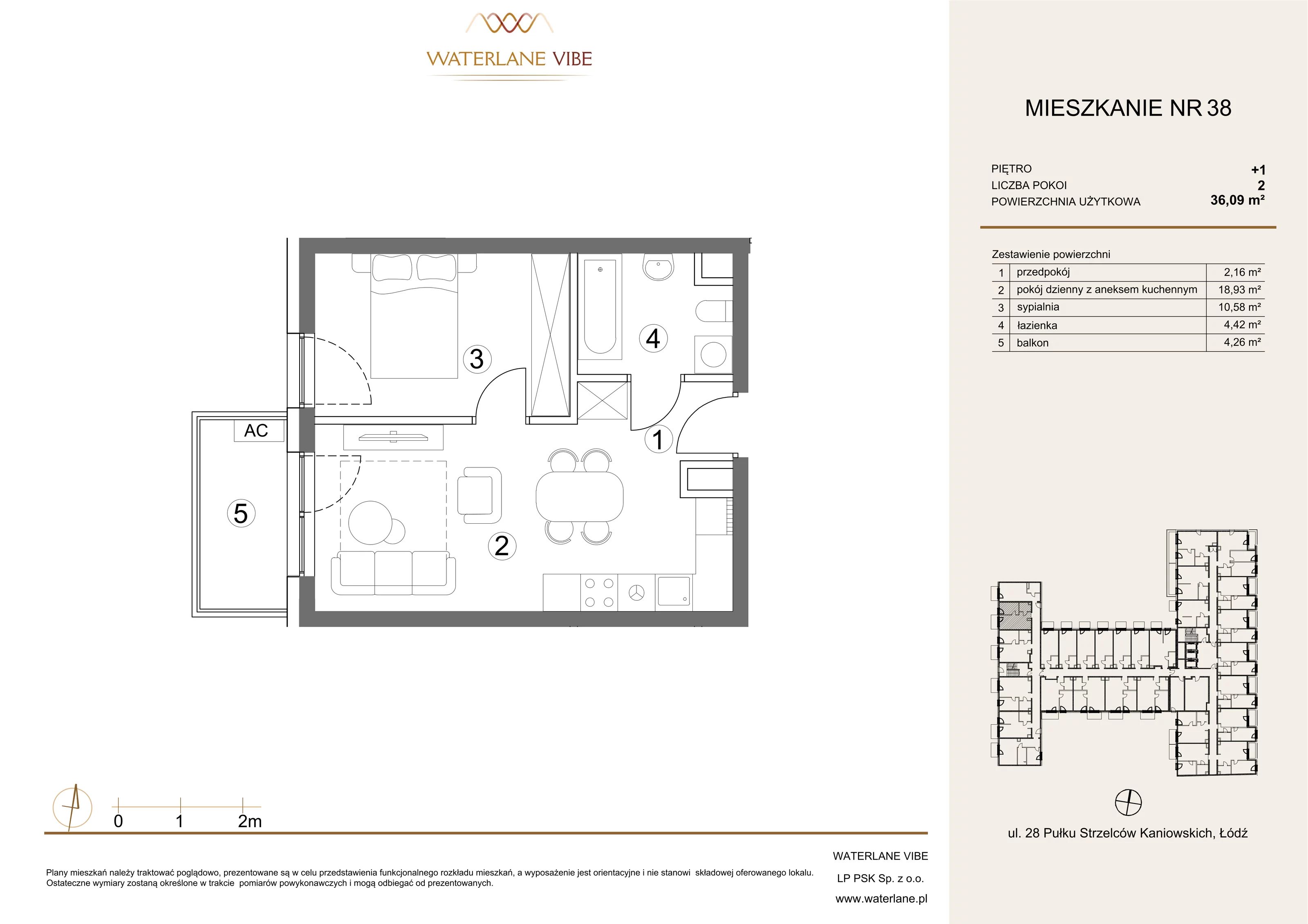 2 pokoje, mieszkanie 36,09 m², piętro 1, oferta nr 38, Waterlane Vibe, Łódź, Polesie, Stare Polesie, ul. 28 Pułku Strzelców Kaniowskich 29