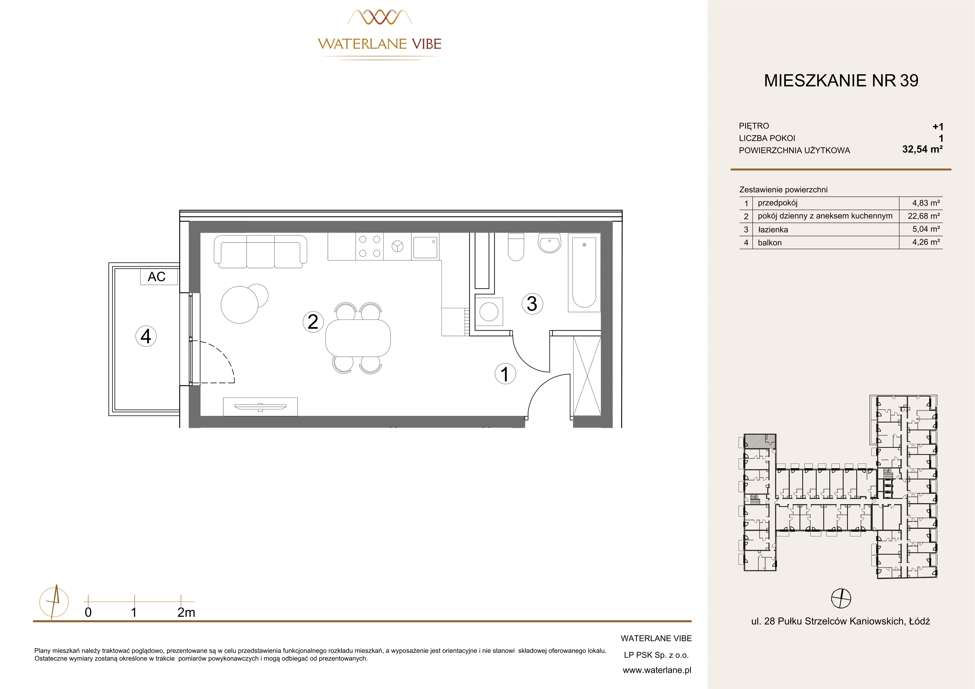 1 pokój, mieszkanie 32,54 m², piętro 1, oferta nr 39, Waterlane Vibe, Łódź, Polesie, Stare Polesie, ul. 28 Pułku Strzelców Kaniowskich 29
