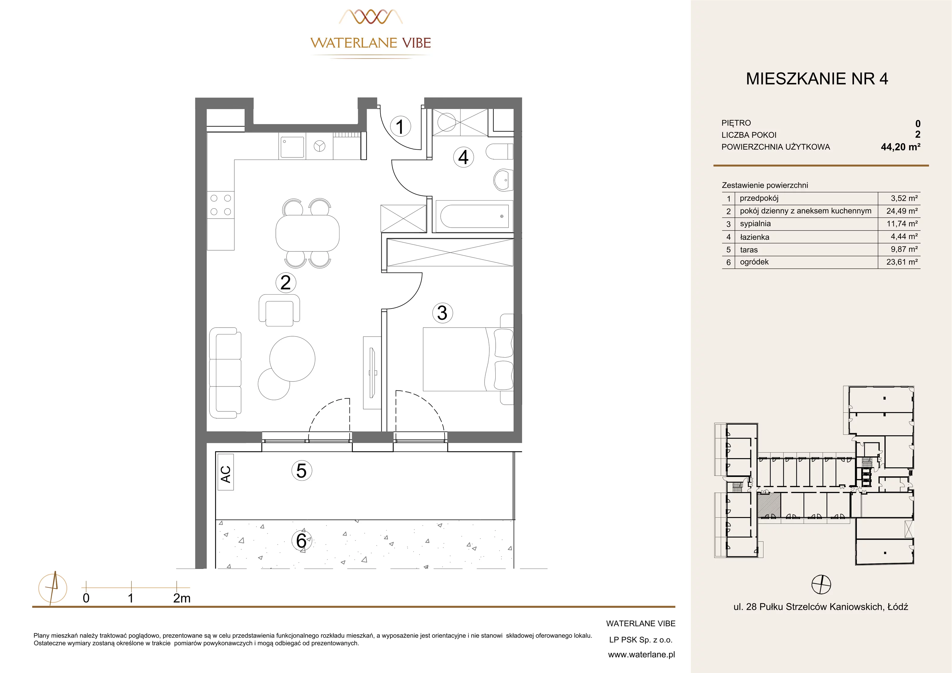 2 pokoje, mieszkanie 44,20 m², parter, oferta nr 4, Waterlane Vibe, Łódź, Polesie, Stare Polesie, ul. 28 Pułku Strzelców Kaniowskich 29
