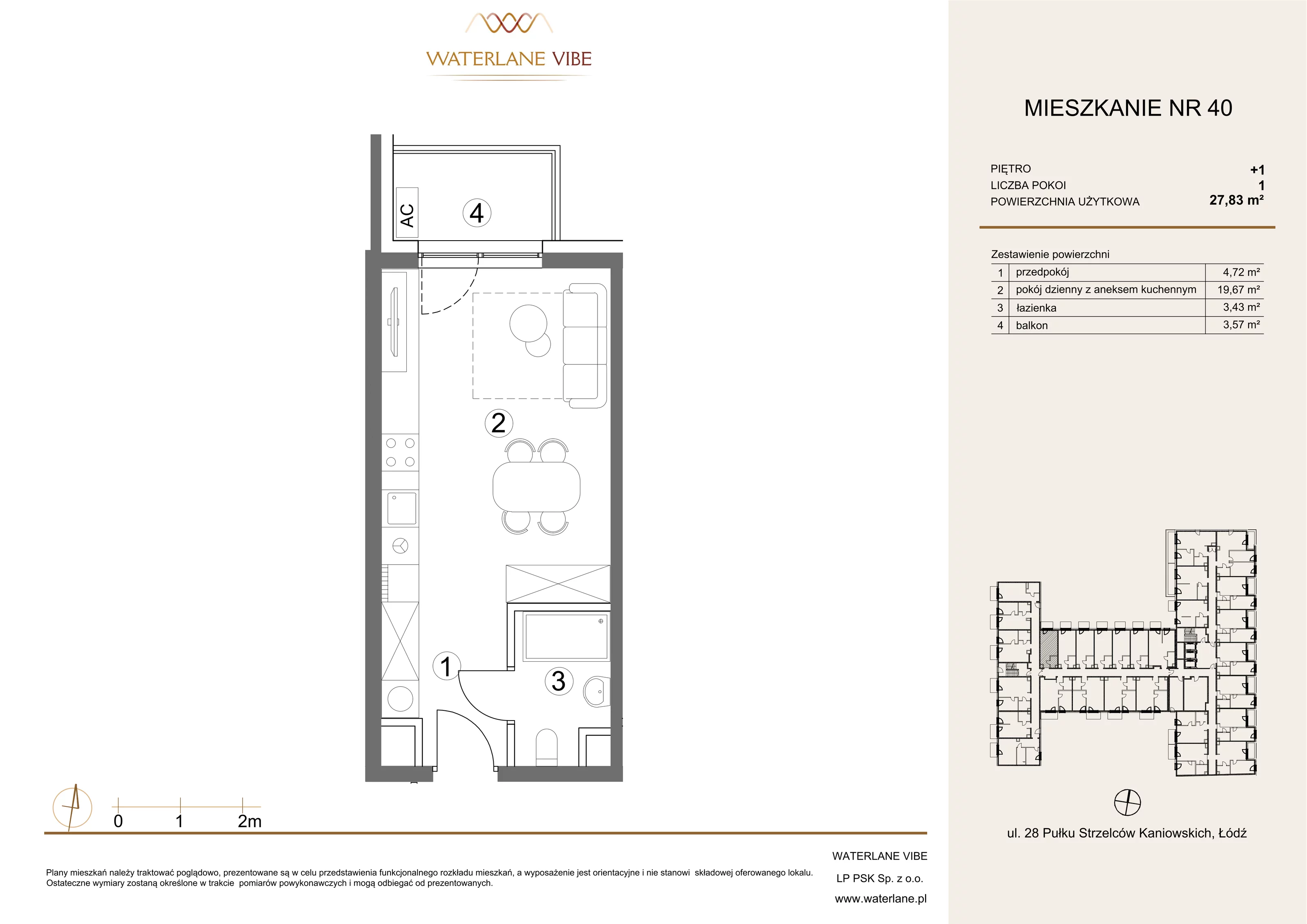 1 pokój, mieszkanie 27,83 m², piętro 1, oferta nr 40, Waterlane Vibe, Łódź, Polesie, Stare Polesie, ul. 28 Pułku Strzelców Kaniowskich 29