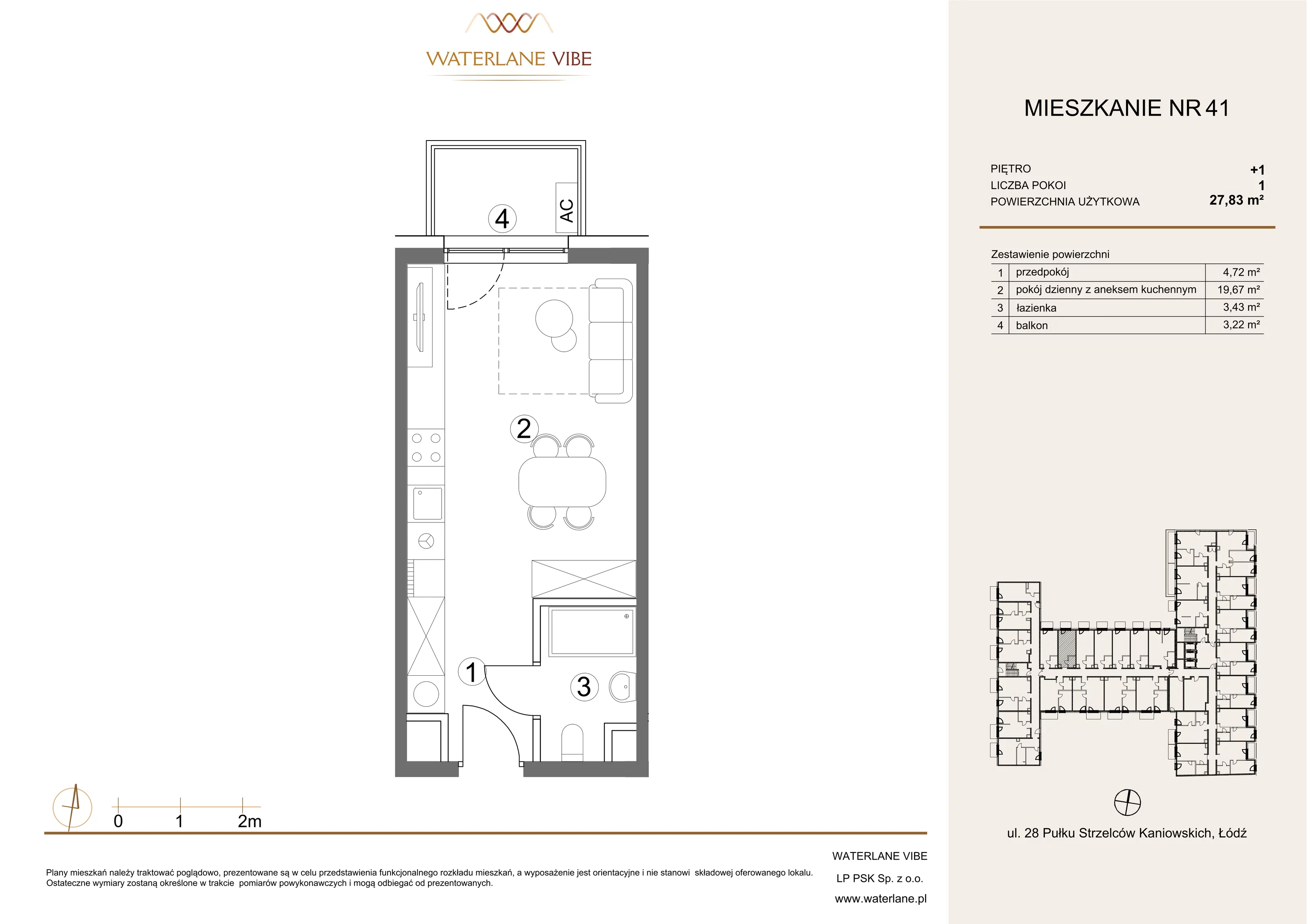 1 pokój, mieszkanie 27,83 m², piętro 1, oferta nr 41, Waterlane Vibe, Łódź, Polesie, Stare Polesie, ul. 28 Pułku Strzelców Kaniowskich 29
