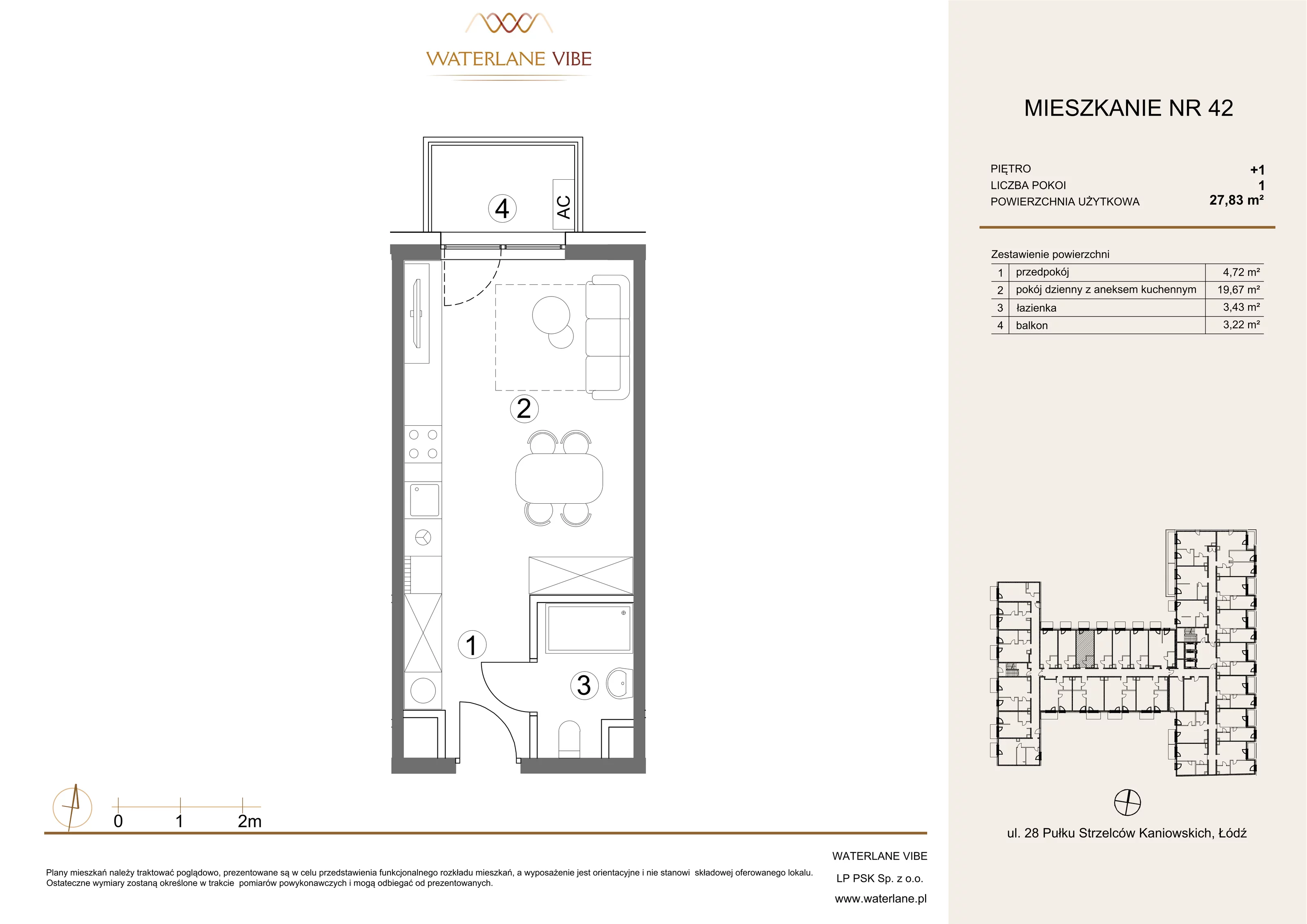 1 pokój, mieszkanie 27,83 m², piętro 1, oferta nr 42, Waterlane Vibe, Łódź, Polesie, Stare Polesie, ul. 28 Pułku Strzelców Kaniowskich 29