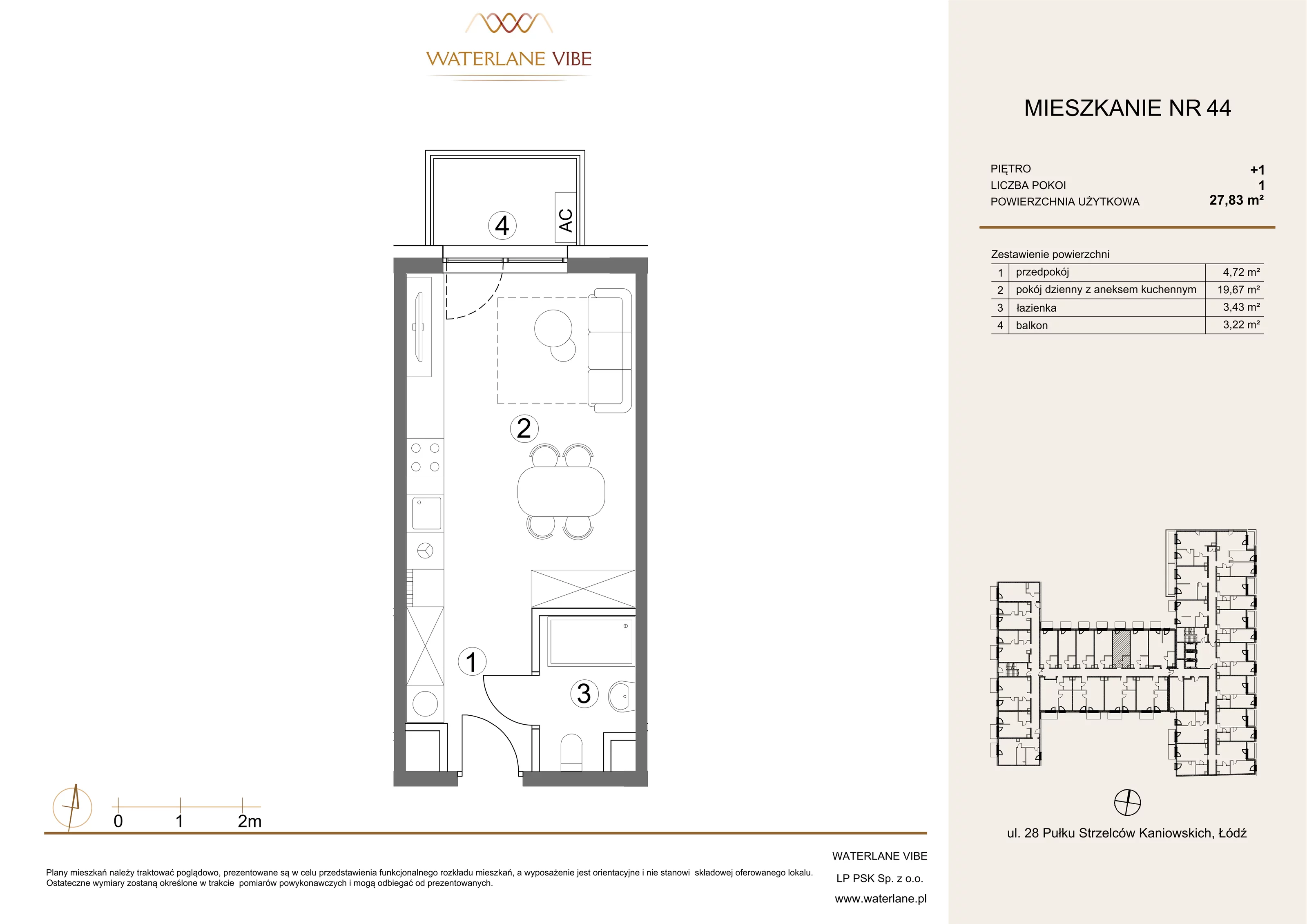 1 pokój, mieszkanie 27,83 m², piętro 1, oferta nr 44, Waterlane Vibe, Łódź, Polesie, Stare Polesie, ul. 28 Pułku Strzelców Kaniowskich 29