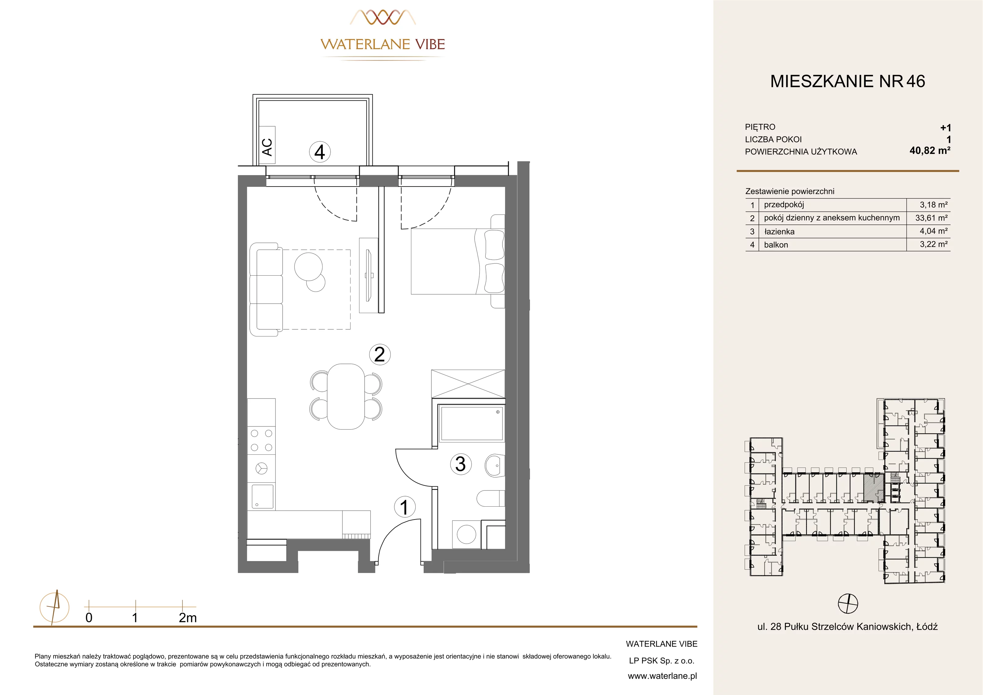 1 pokój, mieszkanie 40,82 m², piętro 1, oferta nr 46, Waterlane Vibe, Łódź, Polesie, Stare Polesie, ul. 28 Pułku Strzelców Kaniowskich 29
