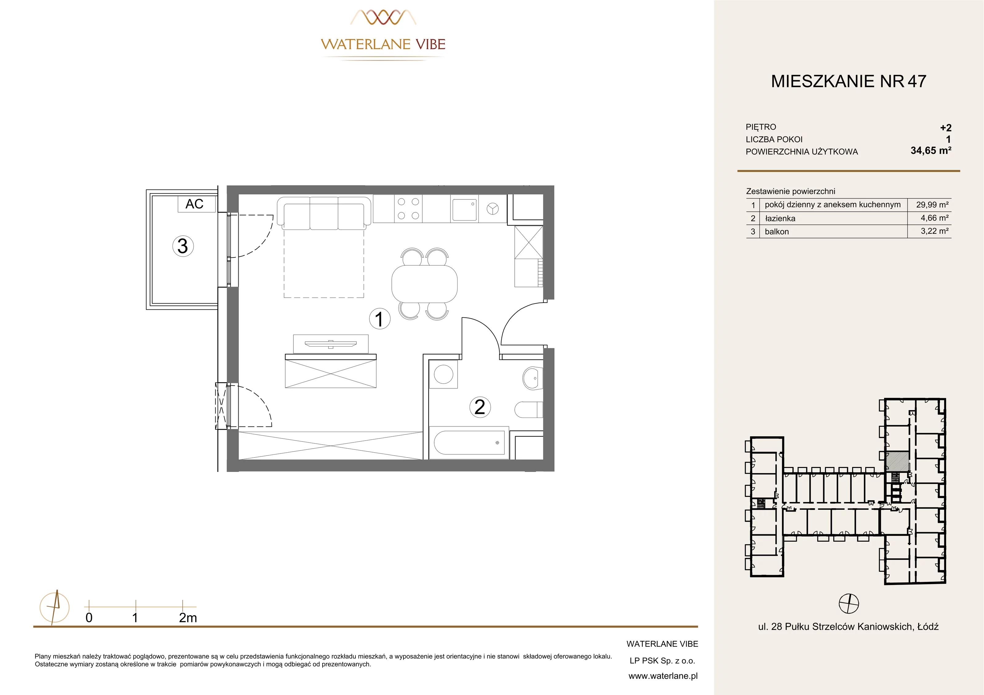 1 pokój, mieszkanie 34,65 m², piętro 2, oferta nr 47, Waterlane Vibe, Łódź, Polesie, Stare Polesie, ul. 28 Pułku Strzelców Kaniowskich 29