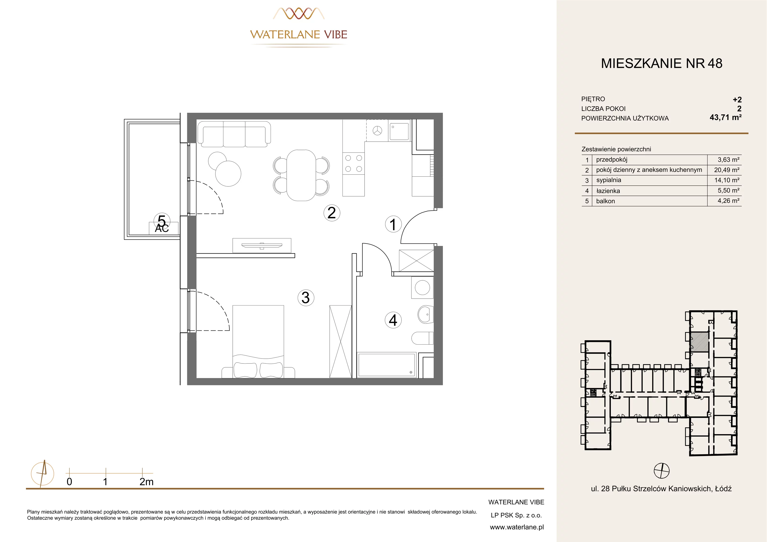 2 pokoje, mieszkanie 43,71 m², piętro 2, oferta nr 48, Waterlane Vibe, Łódź, Polesie, Stare Polesie, ul. 28 Pułku Strzelców Kaniowskich 29