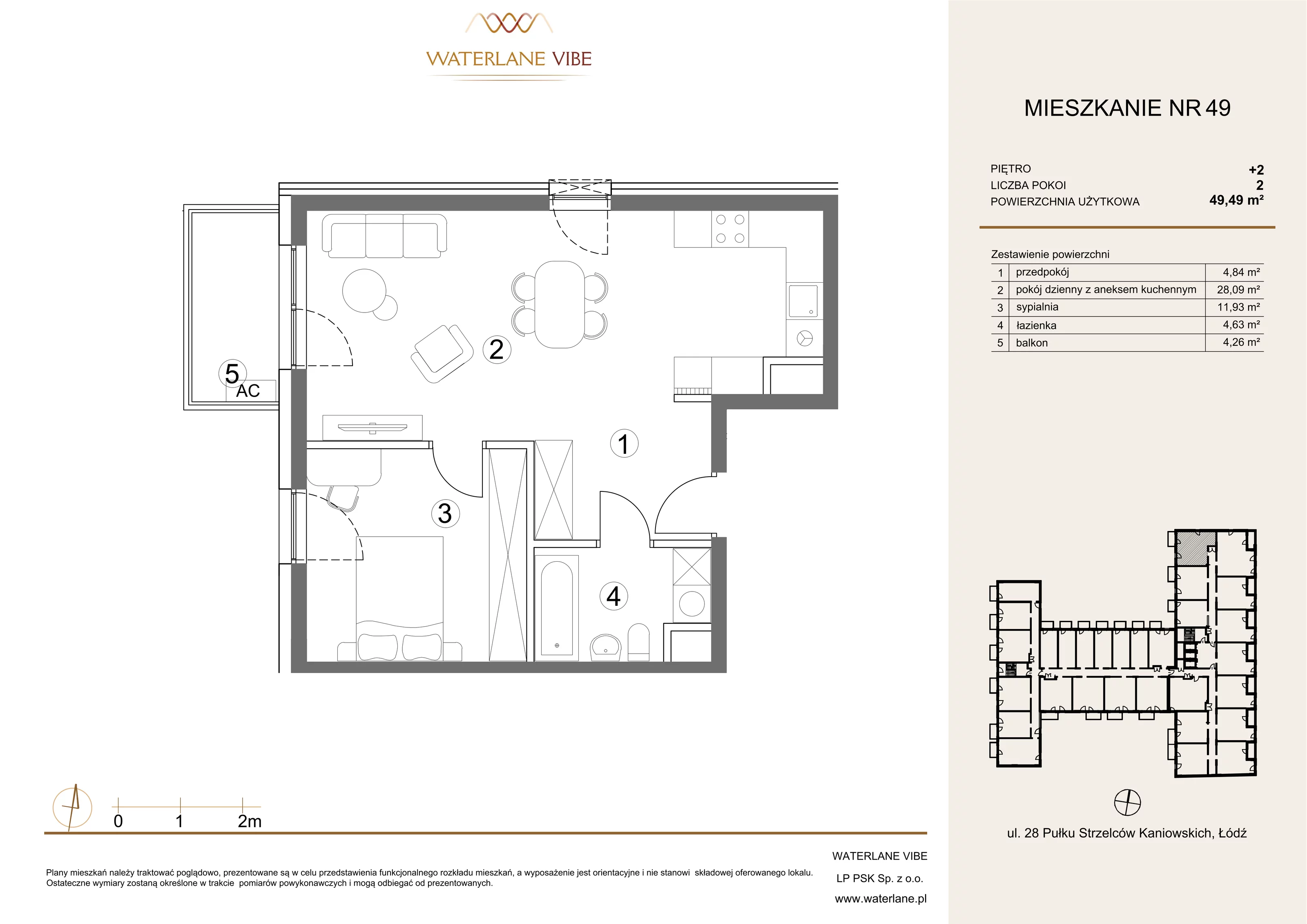 2 pokoje, apartament 49,49 m², piętro 2, oferta nr 49, Waterlane Vibe, Łódź, Polesie, Stare Polesie, ul. 28 Pułku Strzelców Kaniowskich 29