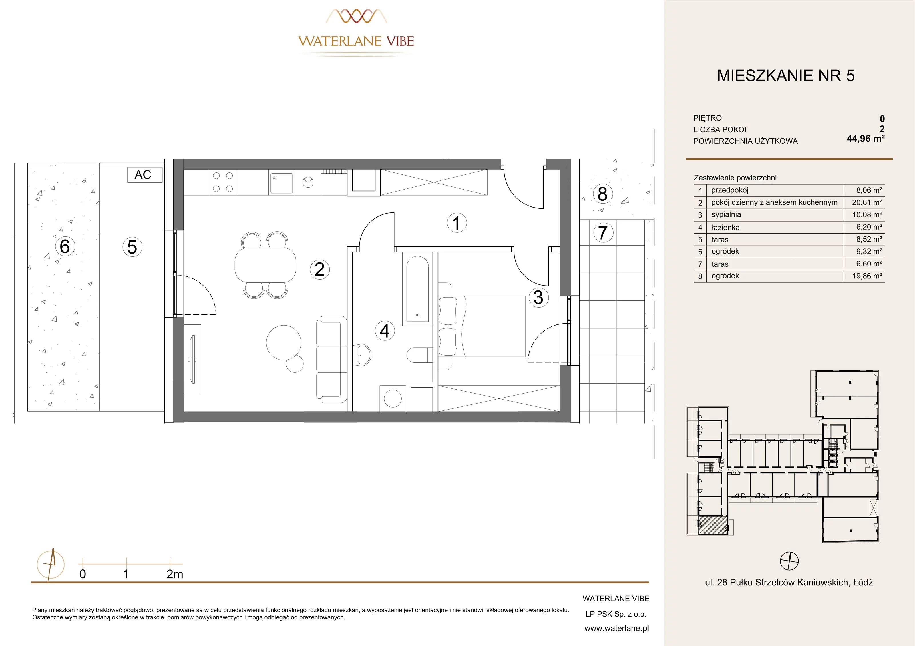 2 pokoje, mieszkanie 44,96 m², parter, oferta nr 5, Waterlane Vibe, Łódź, Polesie, Stare Polesie, ul. 28 Pułku Strzelców Kaniowskich 29