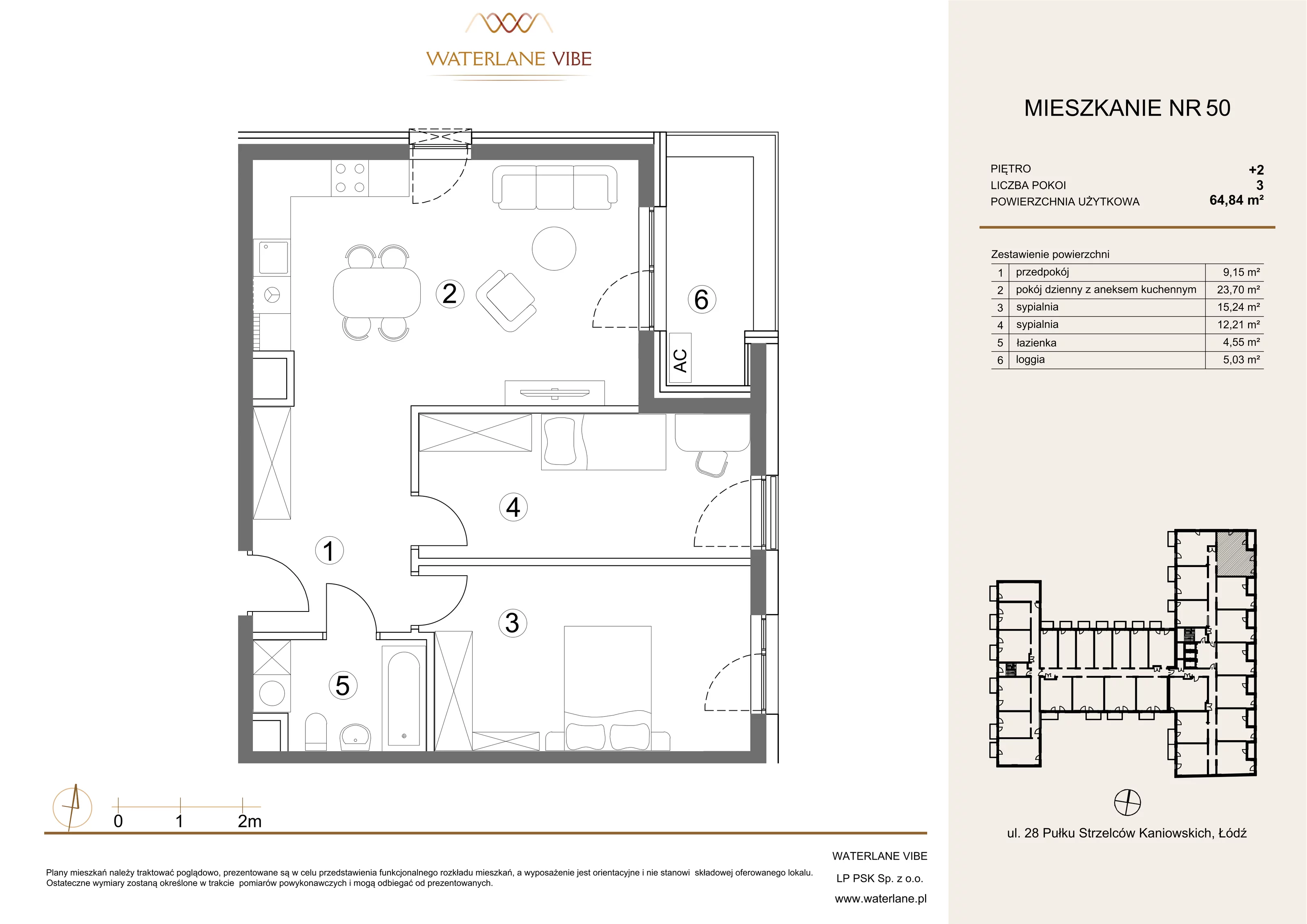 3 pokoje, mieszkanie 64,84 m², piętro 2, oferta nr 50, Waterlane Vibe, Łódź, Polesie, Stare Polesie, ul. 28 Pułku Strzelców Kaniowskich 29