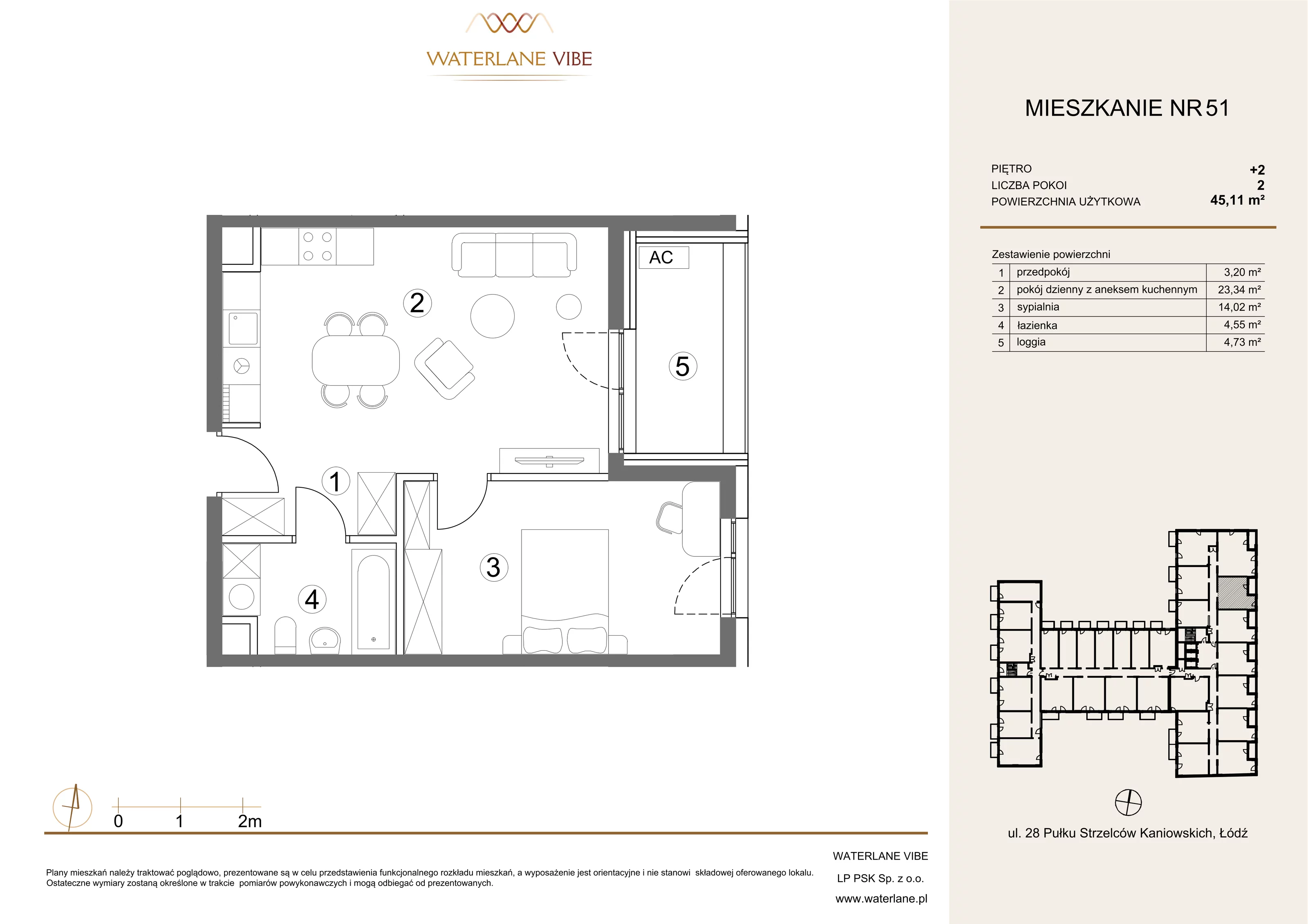 2 pokoje, mieszkanie 45,11 m², piętro 2, oferta nr 51, Waterlane Vibe, Łódź, Polesie, Stare Polesie, ul. 28 Pułku Strzelców Kaniowskich 29