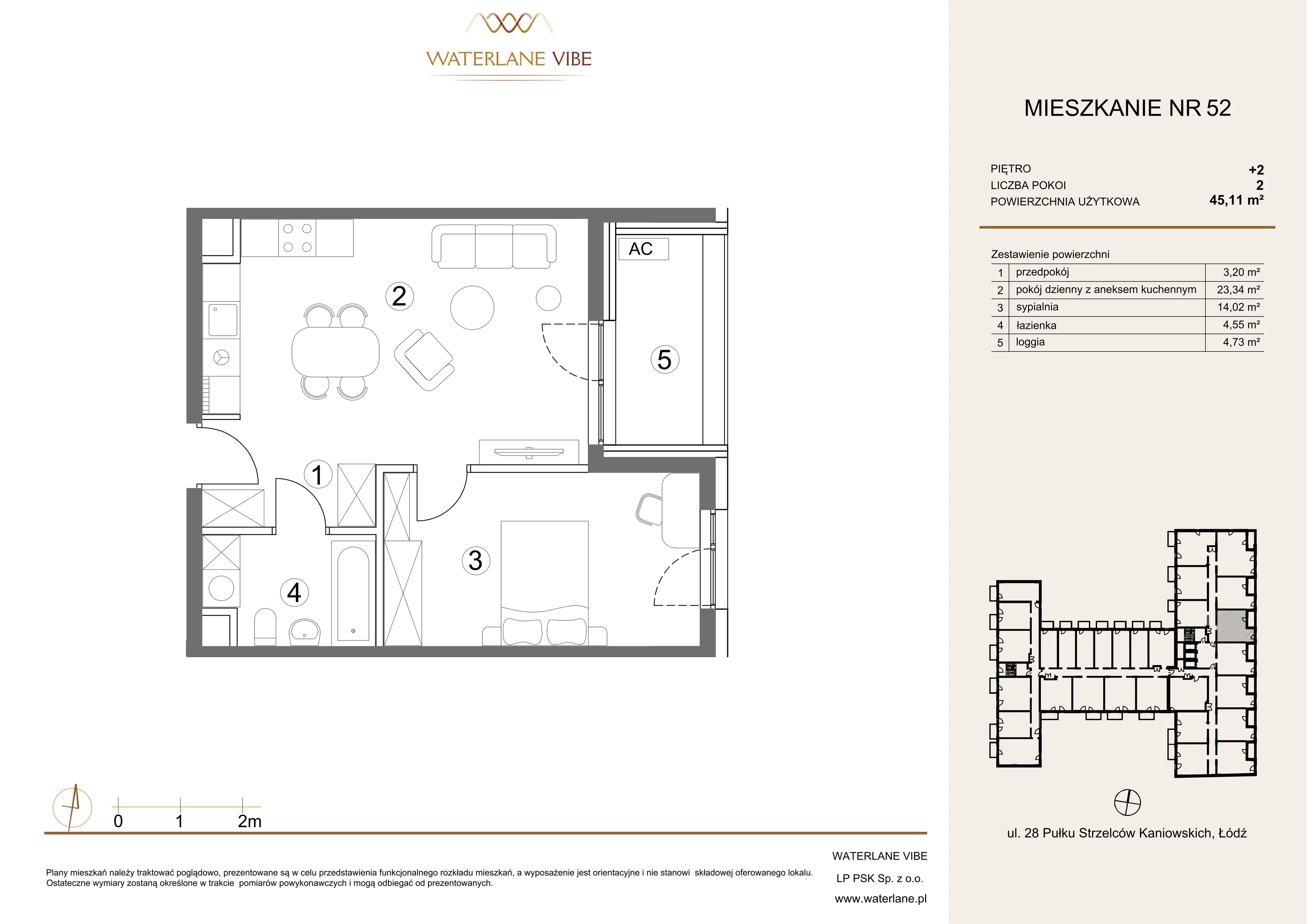 2 pokoje, mieszkanie 45,11 m², piętro 2, oferta nr 52, Waterlane Vibe, Łódź, Polesie, Stare Polesie, ul. 28 Pułku Strzelców Kaniowskich 29