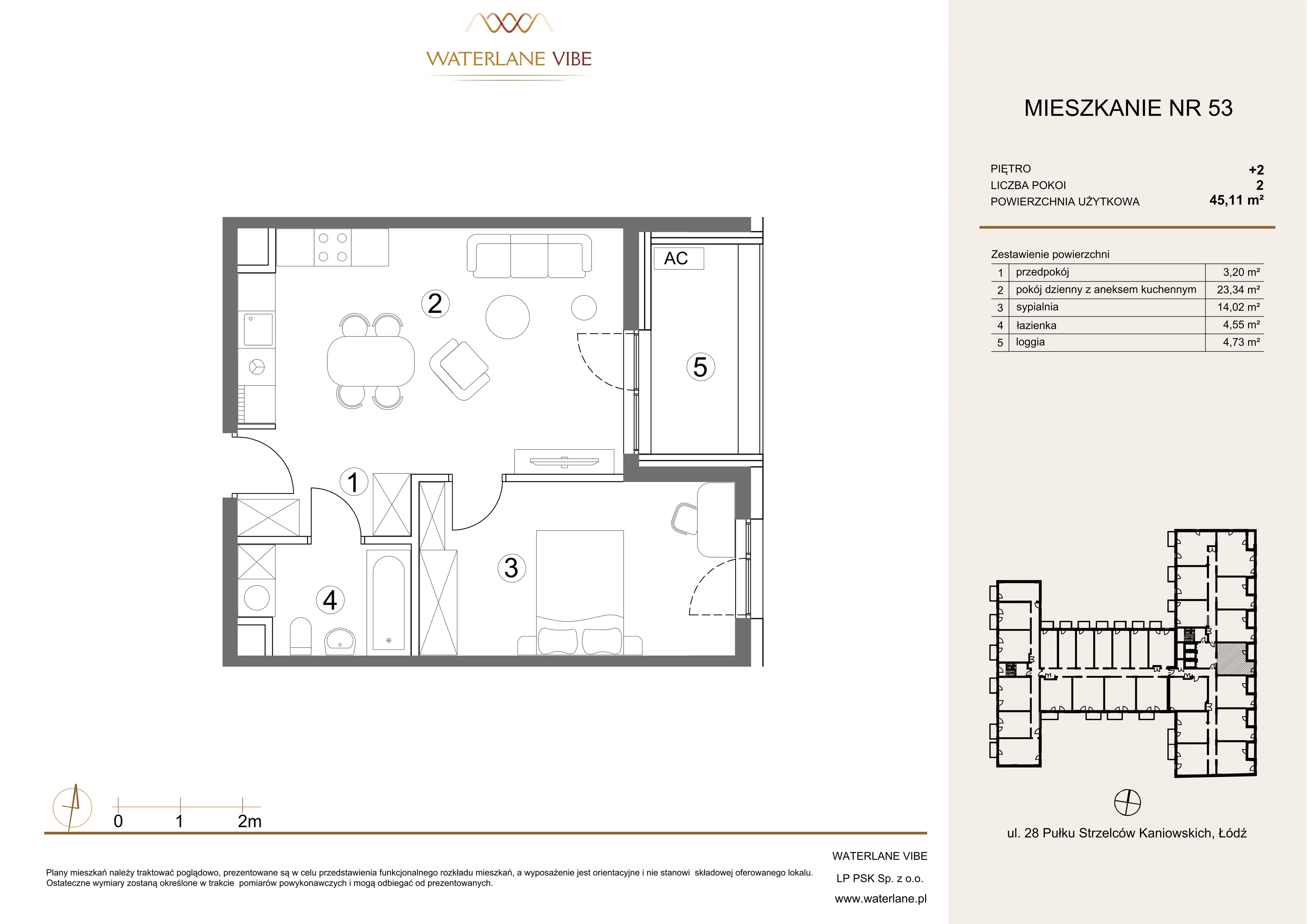 2 pokoje, mieszkanie 45,11 m², piętro 2, oferta nr 53, Waterlane Vibe, Łódź, Polesie, Stare Polesie, ul. 28 Pułku Strzelców Kaniowskich 29