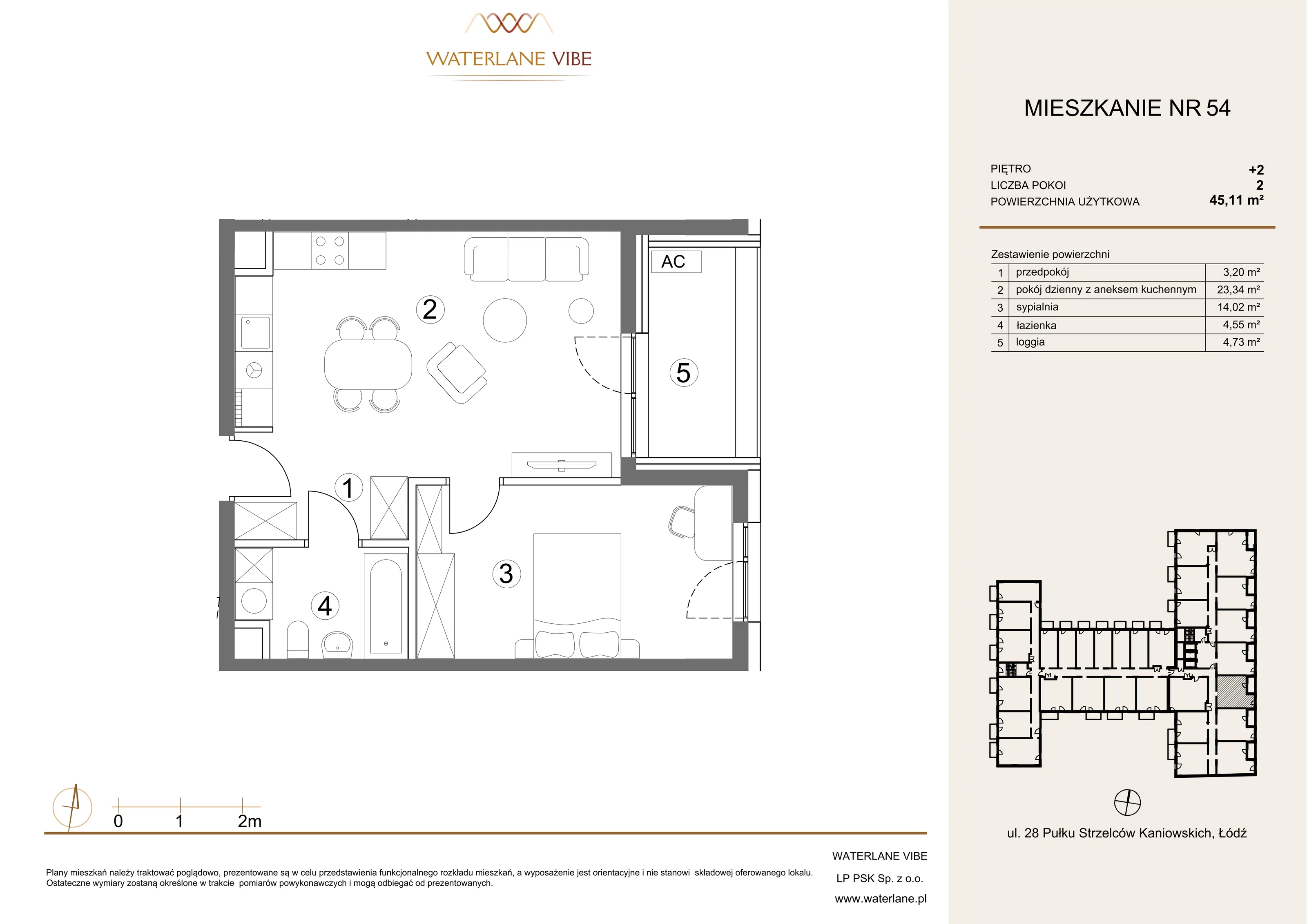 2 pokoje, mieszkanie 45,11 m², piętro 2, oferta nr 54, Waterlane Vibe, Łódź, Polesie, Stare Polesie, ul. 28 Pułku Strzelców Kaniowskich 29