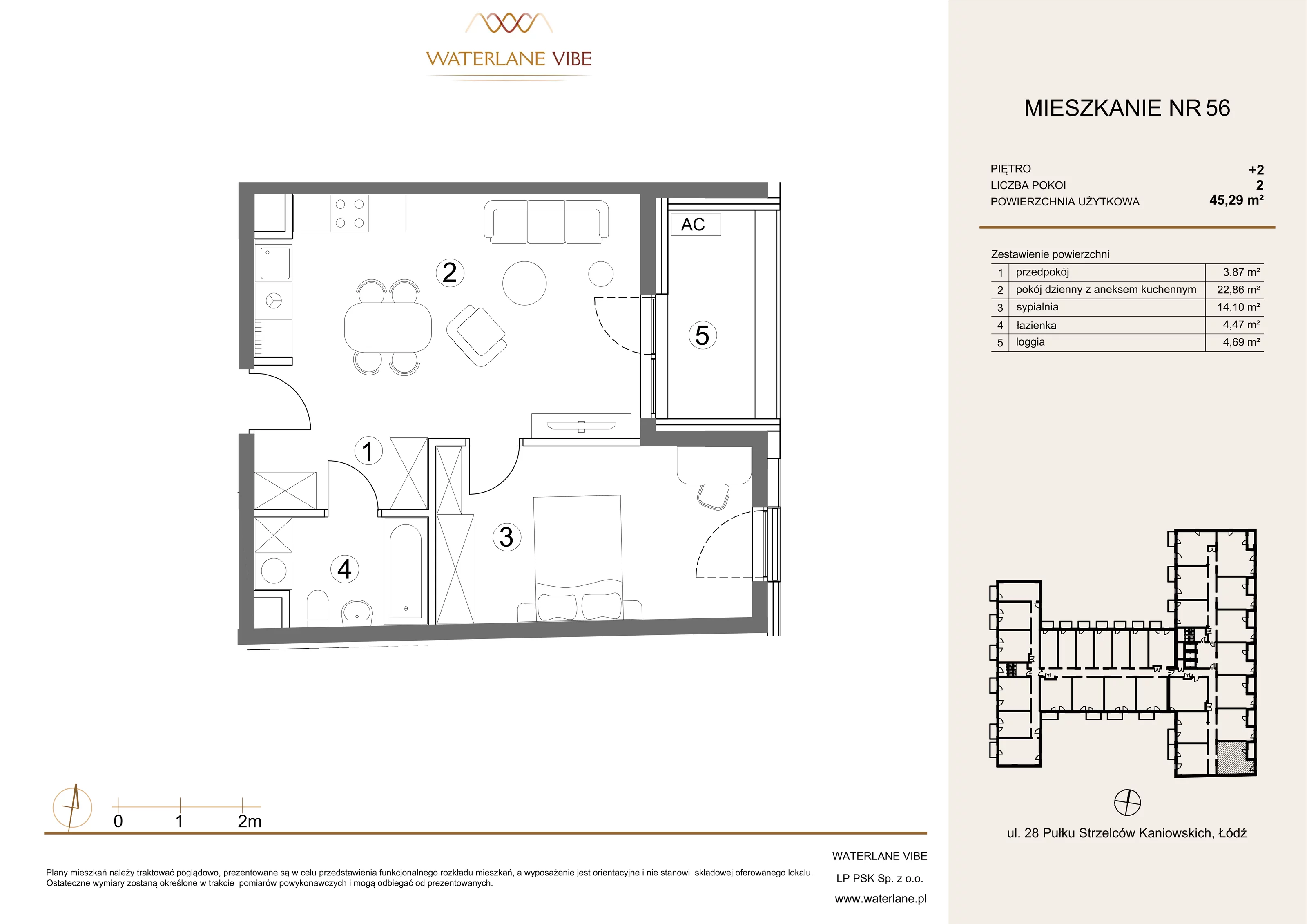 2 pokoje, mieszkanie 45,29 m², piętro 2, oferta nr 56, Waterlane Vibe, Łódź, Polesie, Stare Polesie, ul. 28 Pułku Strzelców Kaniowskich 29