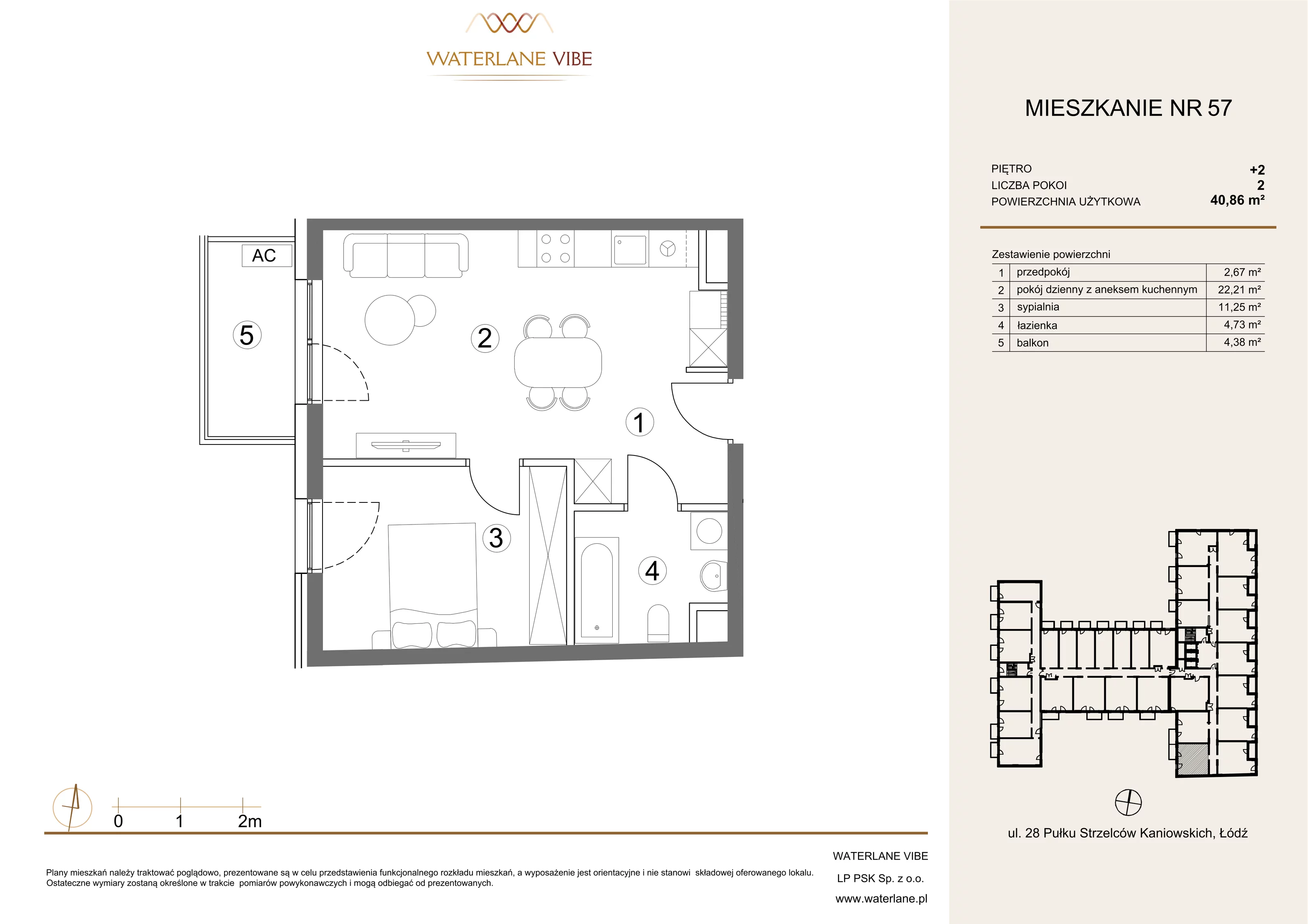 2 pokoje, mieszkanie 40,86 m², piętro 2, oferta nr 57, Waterlane Vibe, Łódź, Polesie, Stare Polesie, ul. 28 Pułku Strzelców Kaniowskich 29