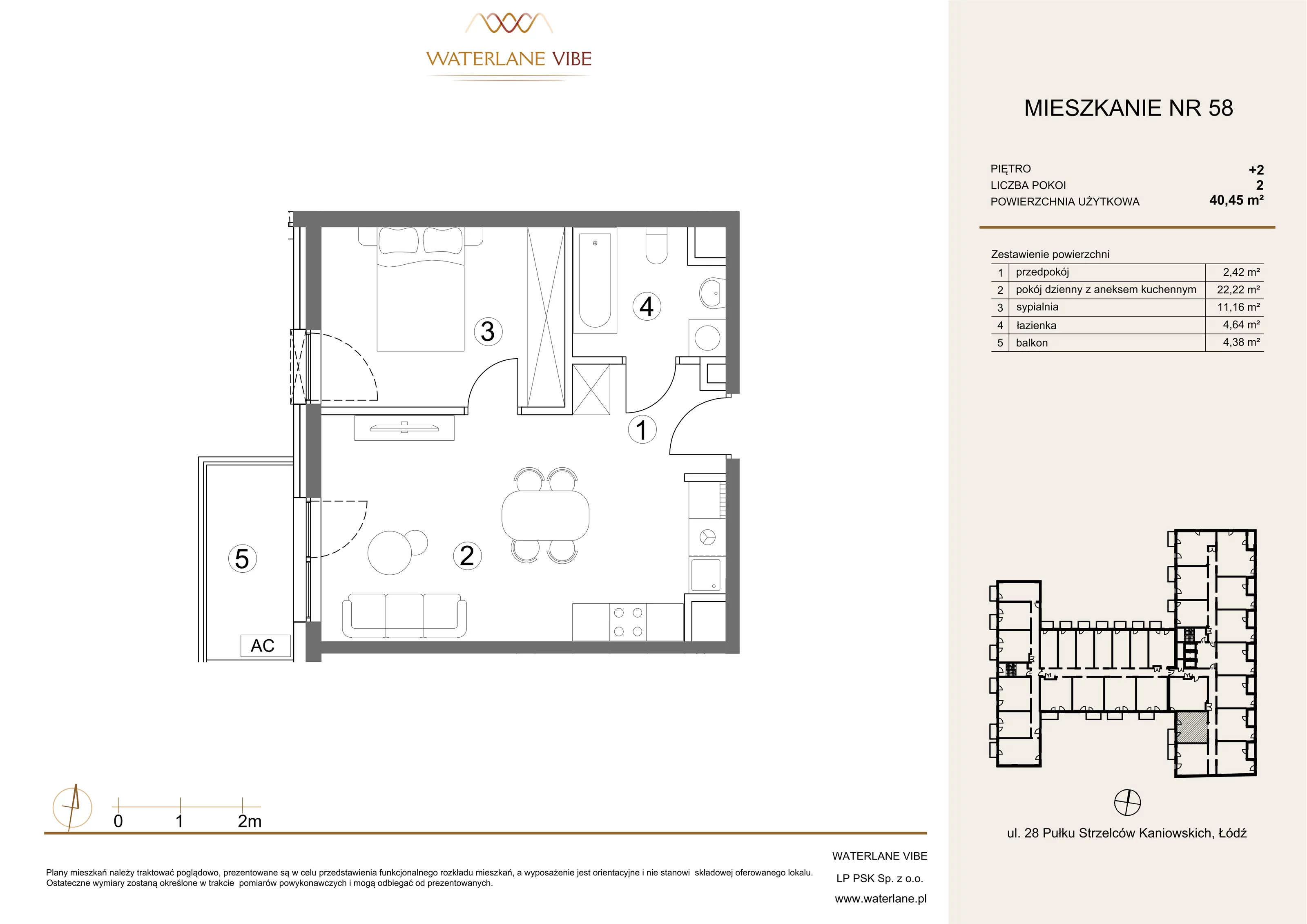 2 pokoje, mieszkanie 40,45 m², piętro 2, oferta nr 58, Waterlane Vibe, Łódź, Polesie, Stare Polesie, ul. 28 Pułku Strzelców Kaniowskich 29