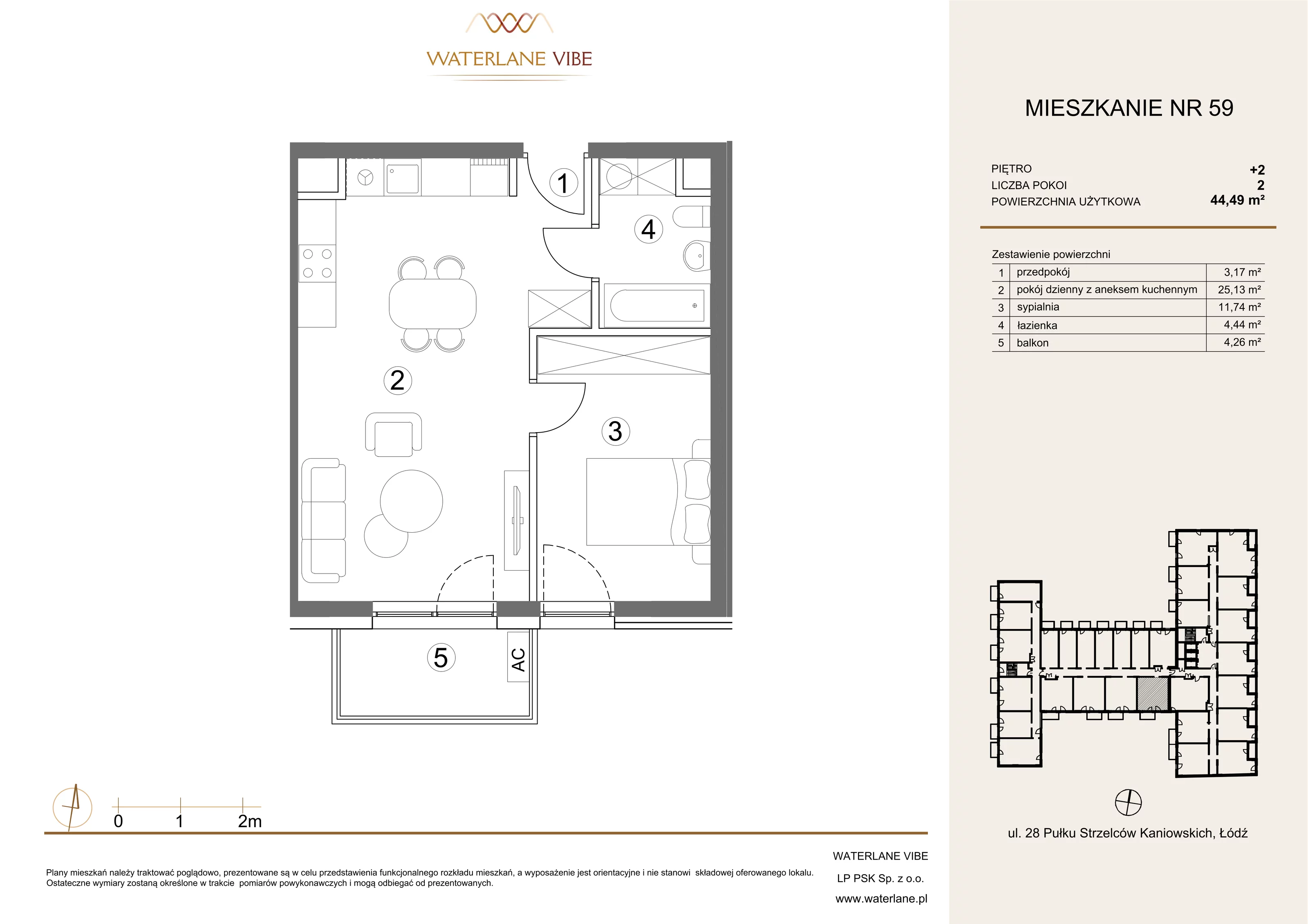 2 pokoje, mieszkanie 44,49 m², piętro 2, oferta nr 59, Waterlane Vibe, Łódź, Polesie, Stare Polesie, ul. 28 Pułku Strzelców Kaniowskich 29