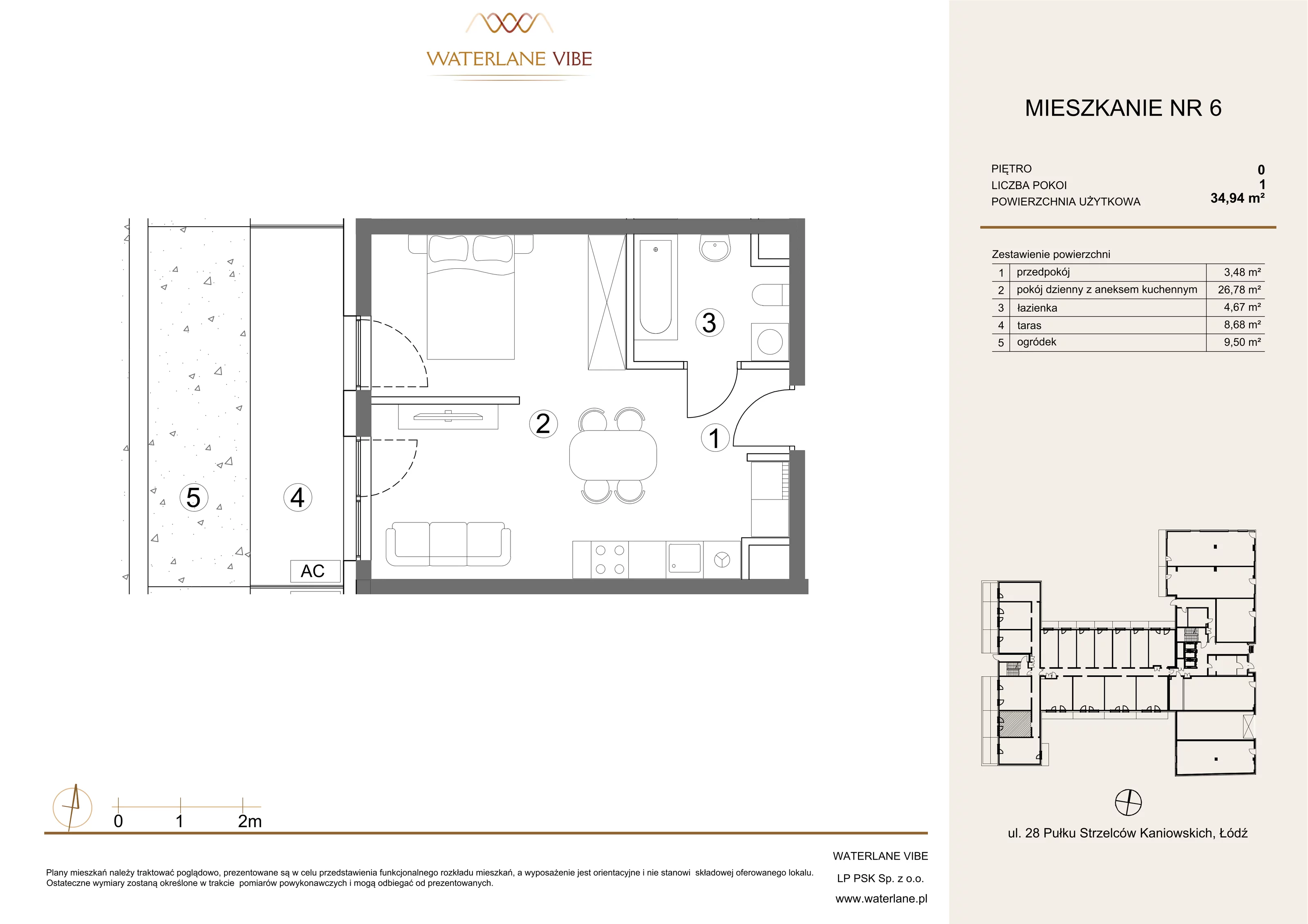 1 pokój, apartament 34,94 m², parter, oferta nr 6, Waterlane Vibe, Łódź, Polesie, Stare Polesie, ul. 28 Pułku Strzelców Kaniowskich 29