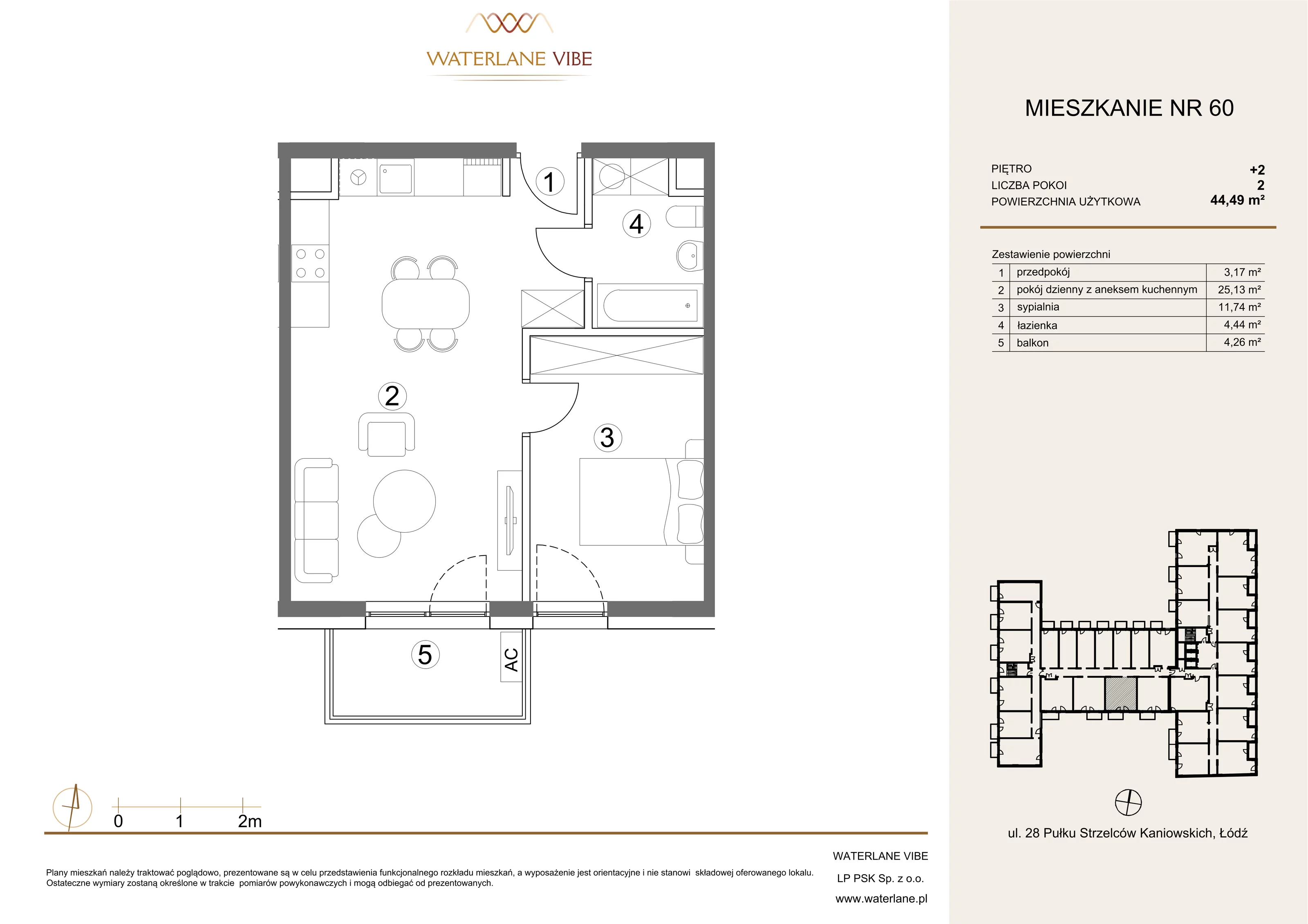 2 pokoje, mieszkanie 44,49 m², piętro 2, oferta nr 60, Waterlane Vibe, Łódź, Polesie, Stare Polesie, ul. 28 Pułku Strzelców Kaniowskich 29