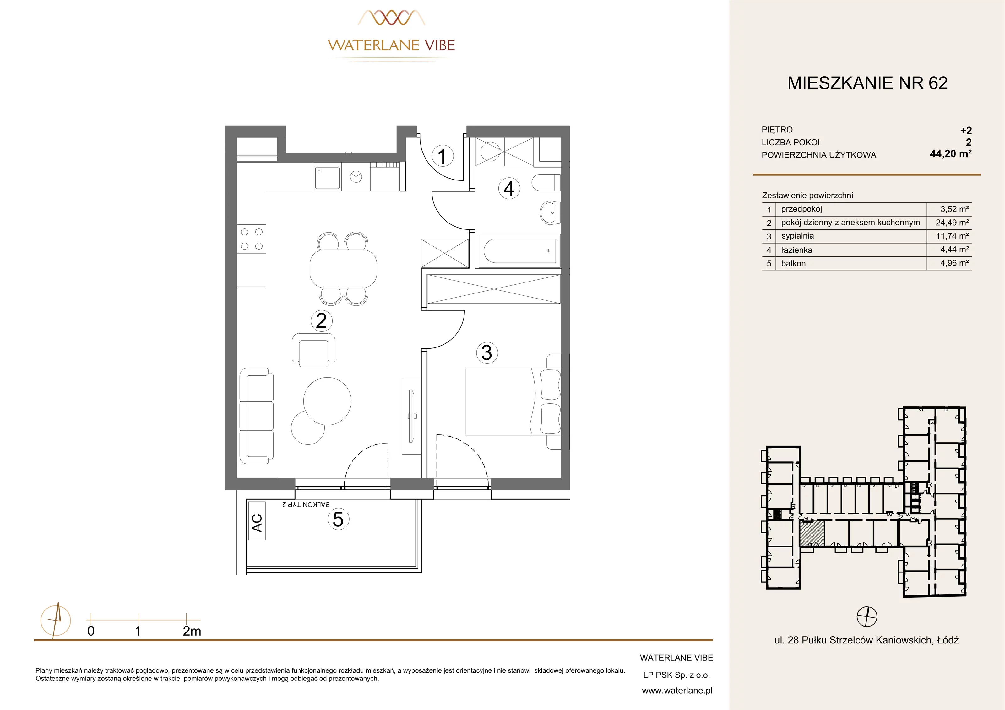 2 pokoje, mieszkanie 44,20 m², piętro 2, oferta nr 62, Waterlane Vibe, Łódź, Polesie, Stare Polesie, ul. 28 Pułku Strzelców Kaniowskich 29