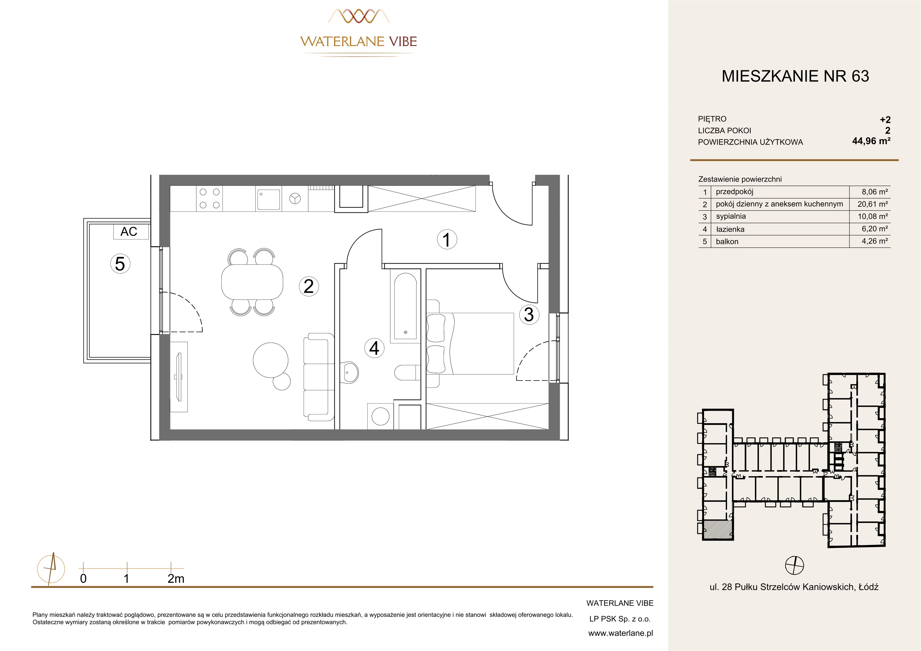 2 pokoje, mieszkanie 44,96 m², piętro 2, oferta nr 63, Waterlane Vibe, Łódź, Polesie, Stare Polesie, ul. 28 Pułku Strzelców Kaniowskich 29