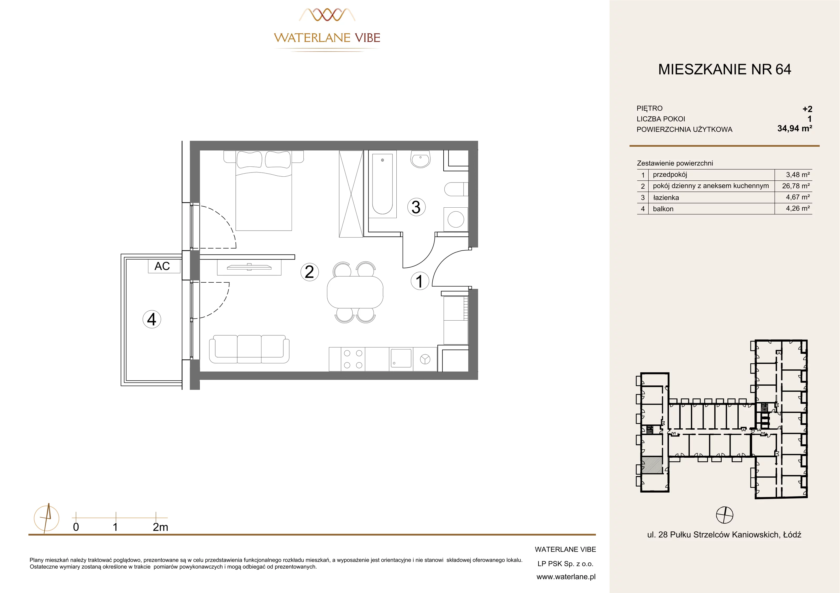 1 pokój, mieszkanie 34,94 m², piętro 2, oferta nr 64, Waterlane Vibe, Łódź, Polesie, Stare Polesie, ul. 28 Pułku Strzelców Kaniowskich 29