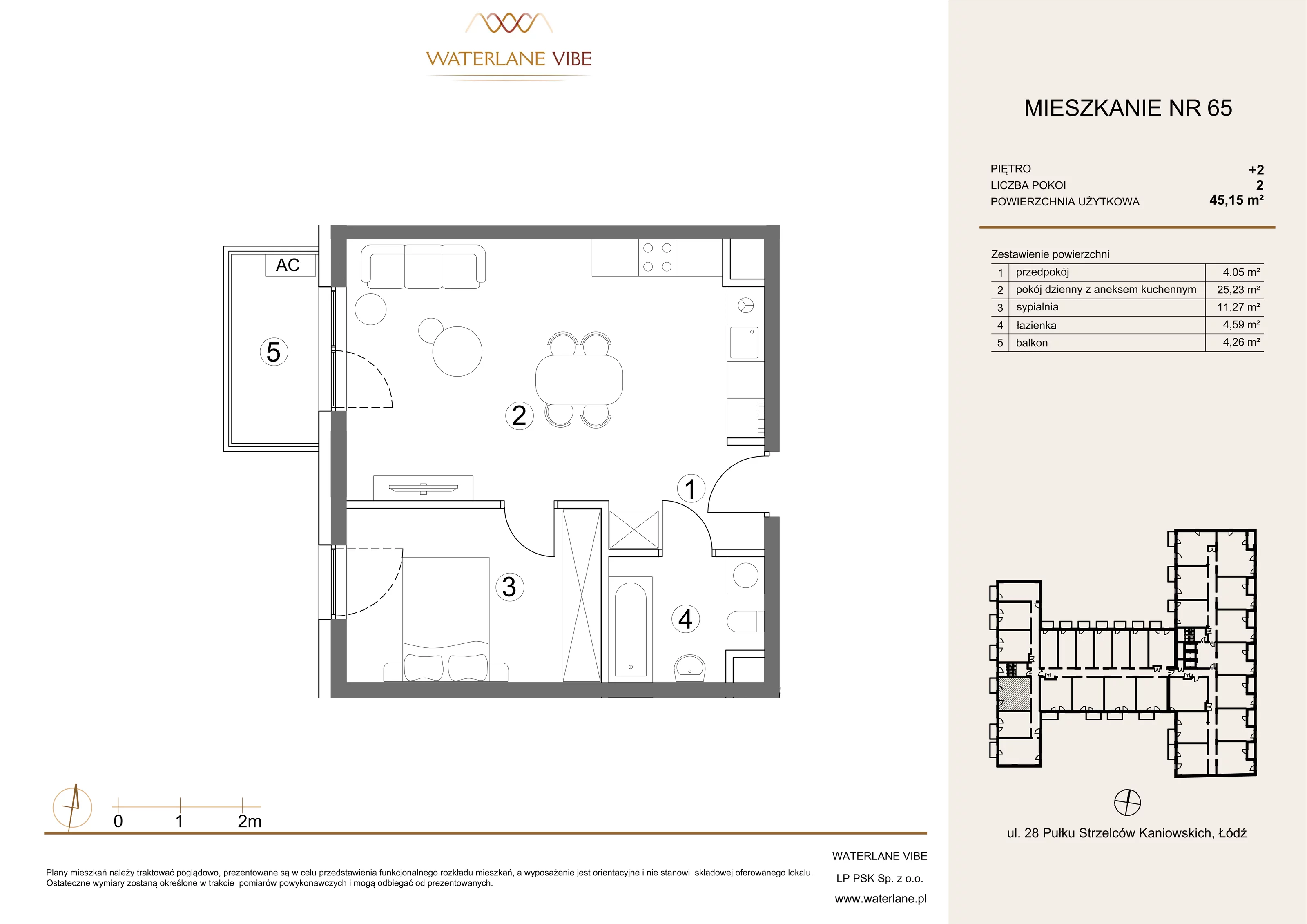 2 pokoje, mieszkanie 45,15 m², piętro 2, oferta nr 65, Waterlane Vibe, Łódź, Polesie, Stare Polesie, ul. 28 Pułku Strzelców Kaniowskich 29