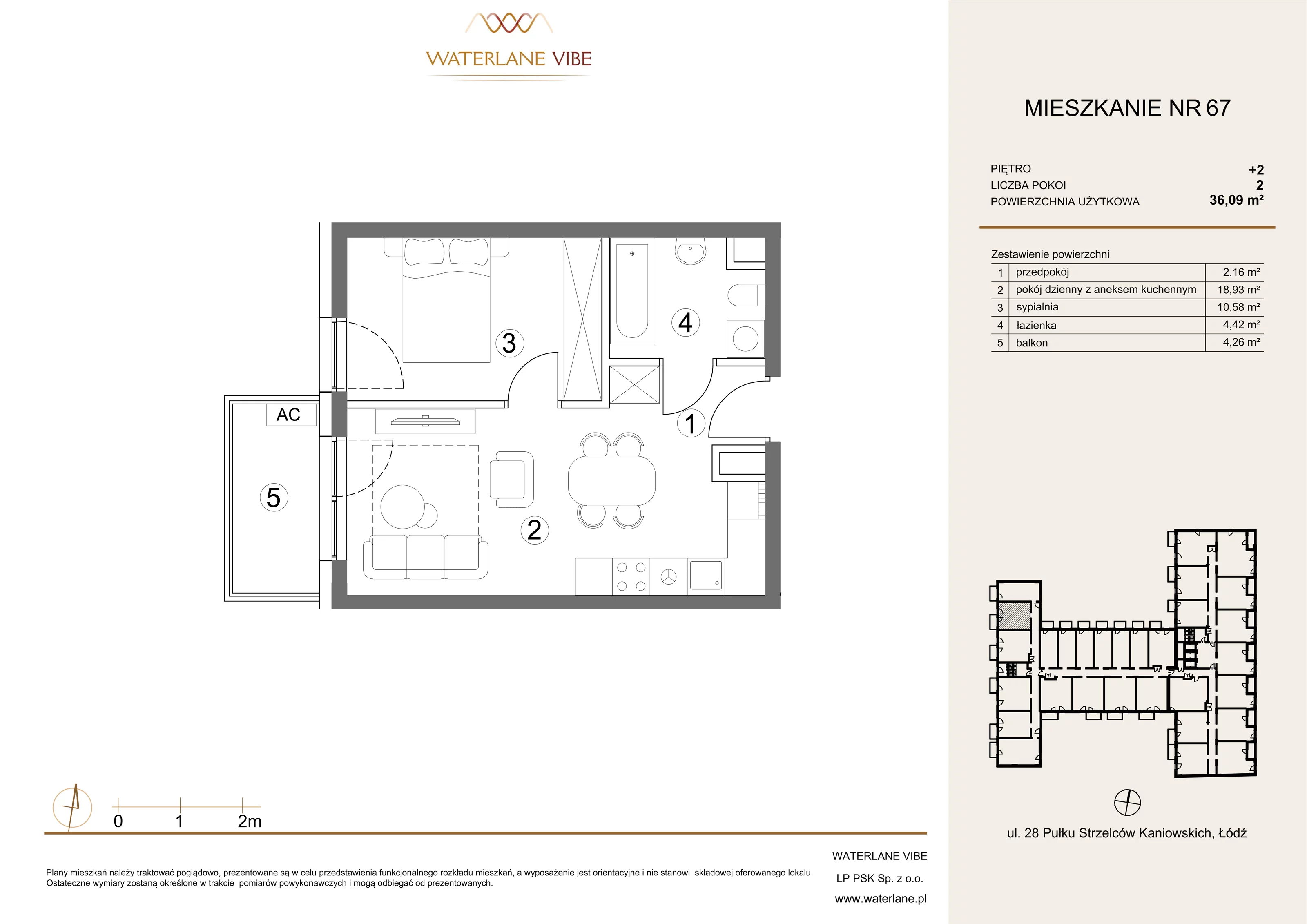 2 pokoje, mieszkanie 36,09 m², piętro 2, oferta nr 67, Waterlane Vibe, Łódź, Polesie, Stare Polesie, ul. 28 Pułku Strzelców Kaniowskich 29
