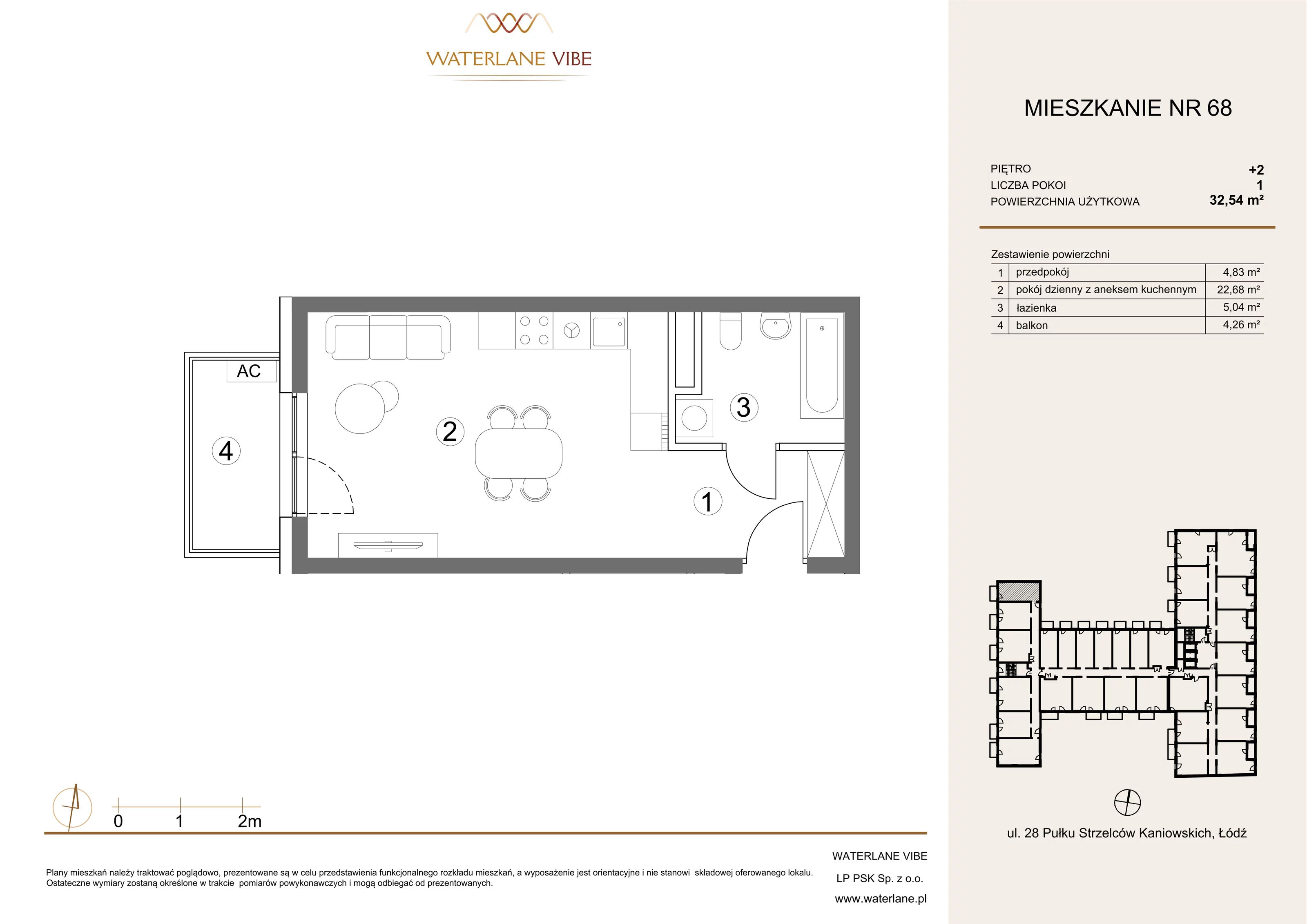 1 pokój, mieszkanie 32,54 m², piętro 2, oferta nr 68, Waterlane Vibe, Łódź, Polesie, Stare Polesie, ul. 28 Pułku Strzelców Kaniowskich 29