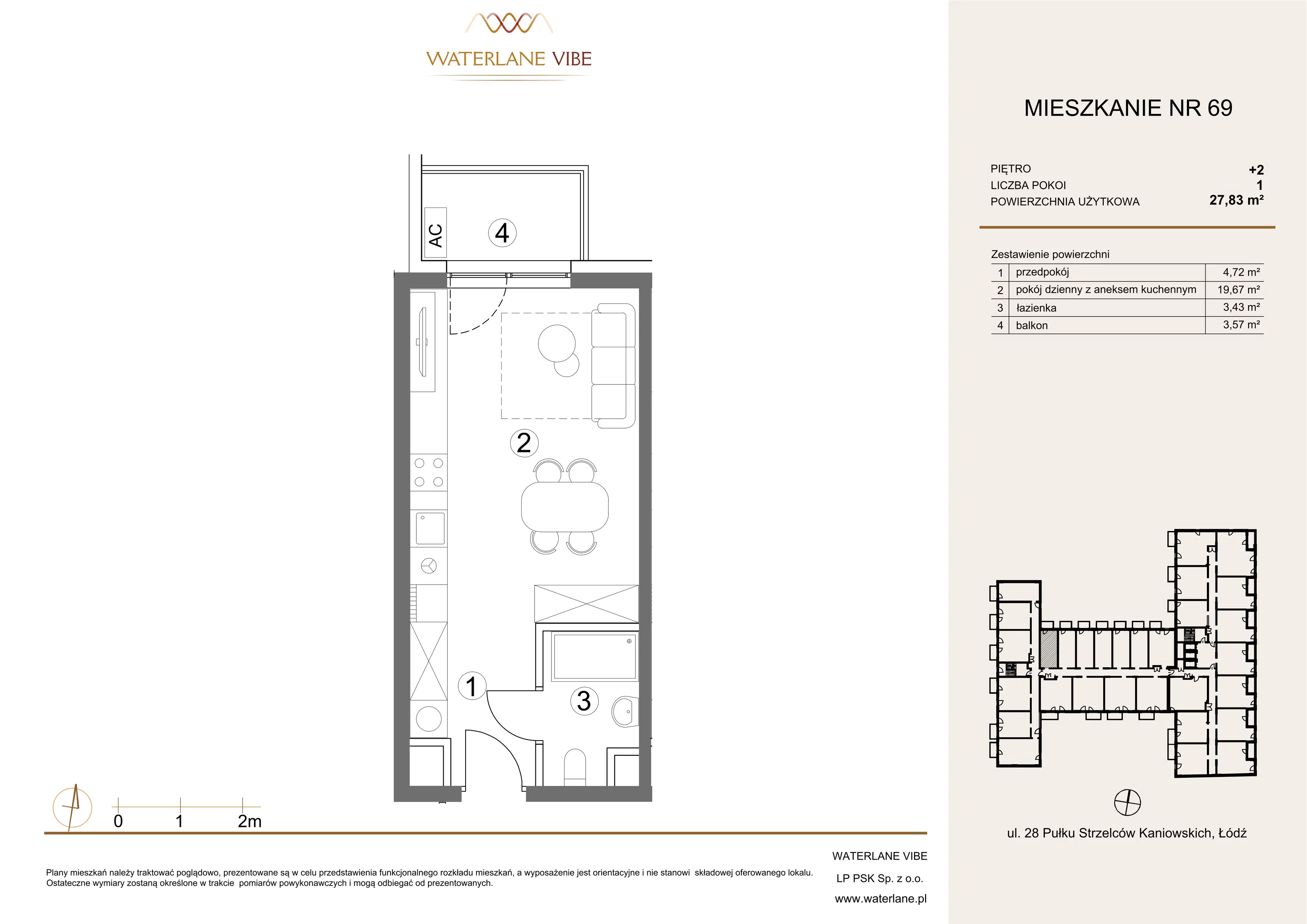 1 pokój, mieszkanie 27,83 m², piętro 2, oferta nr 69, Waterlane Vibe, Łódź, Polesie, Stare Polesie, ul. 28 Pułku Strzelców Kaniowskich 29