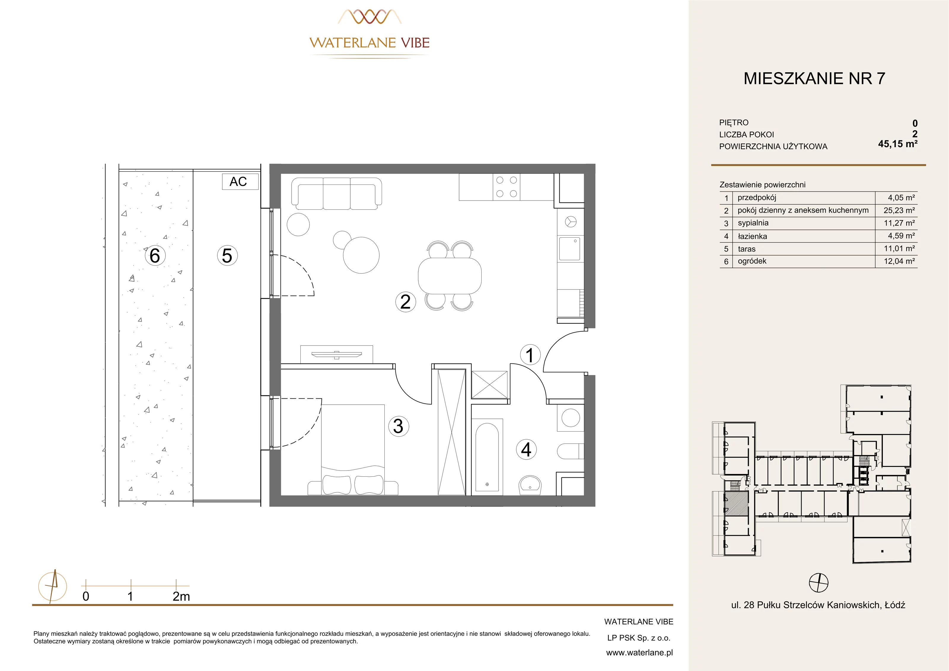 2 pokoje, apartament 45,15 m², parter, oferta nr 7, Waterlane Vibe, Łódź, Polesie, Stare Polesie, ul. 28 Pułku Strzelców Kaniowskich 29
