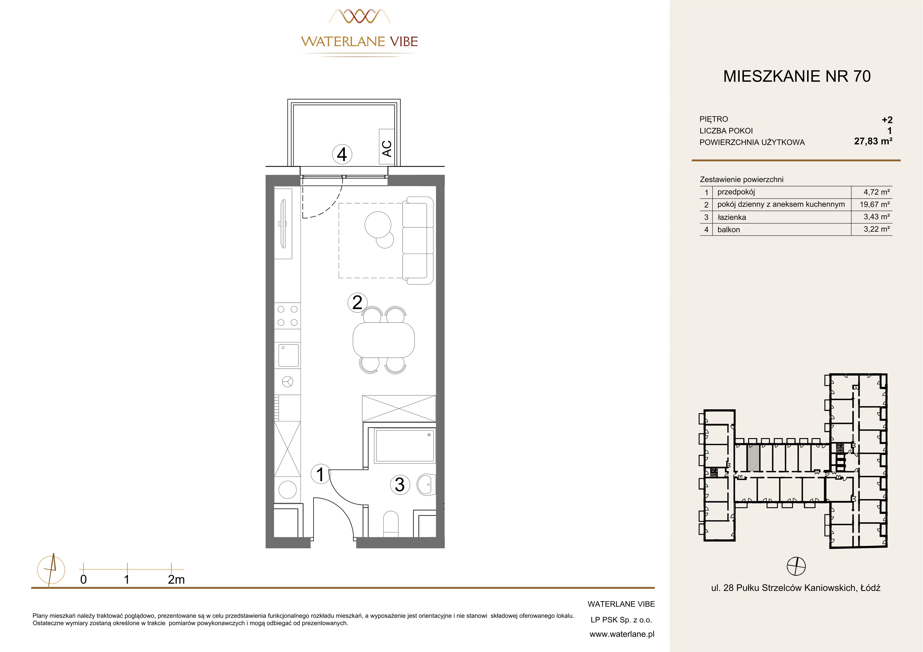 1 pokój, mieszkanie 27,83 m², piętro 2, oferta nr 70, Waterlane Vibe, Łódź, Polesie, Stare Polesie, ul. 28 Pułku Strzelców Kaniowskich 29