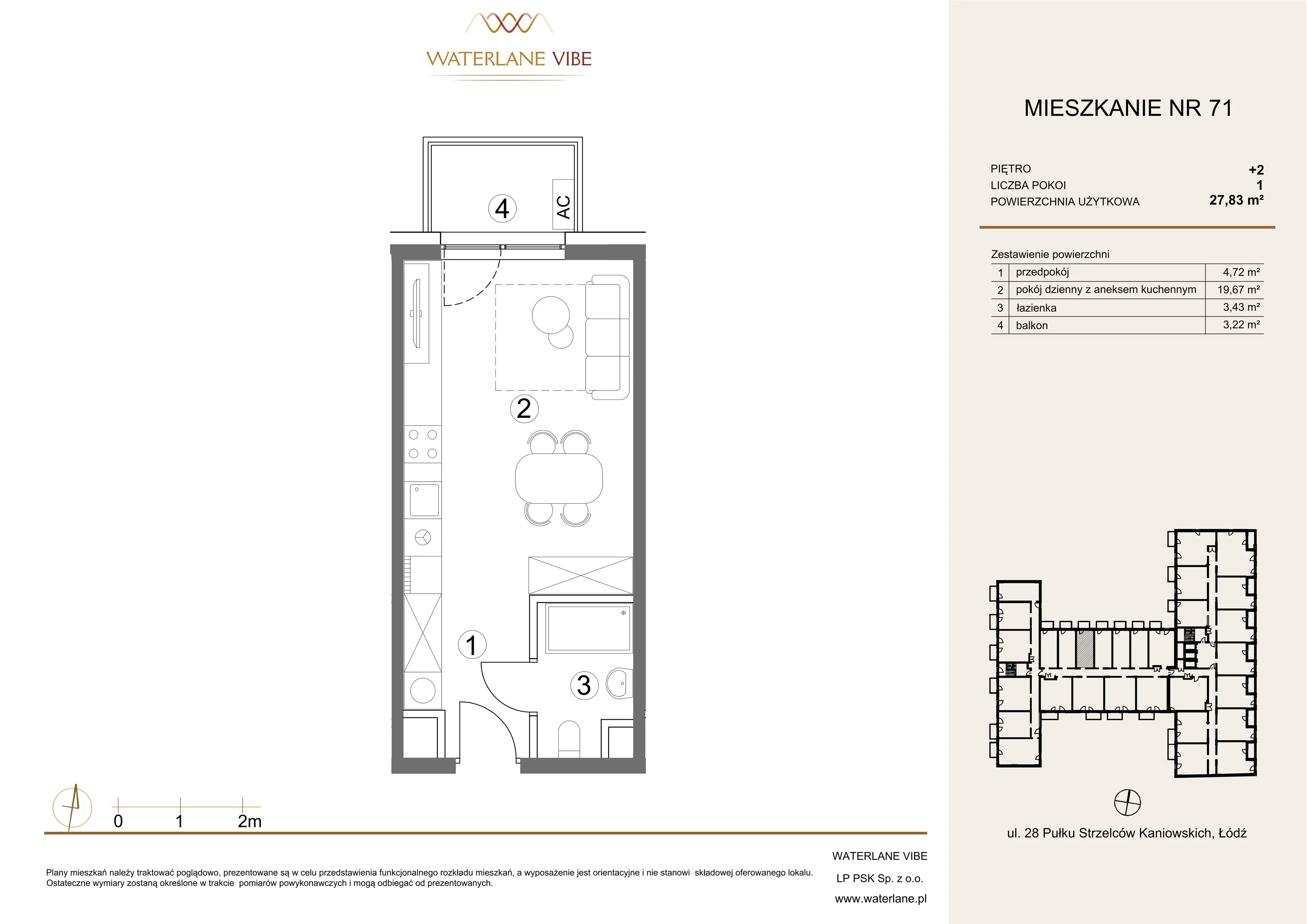 1 pokój, mieszkanie 27,83 m², piętro 2, oferta nr 71, Waterlane Vibe, Łódź, Polesie, Stare Polesie, ul. 28 Pułku Strzelców Kaniowskich 29