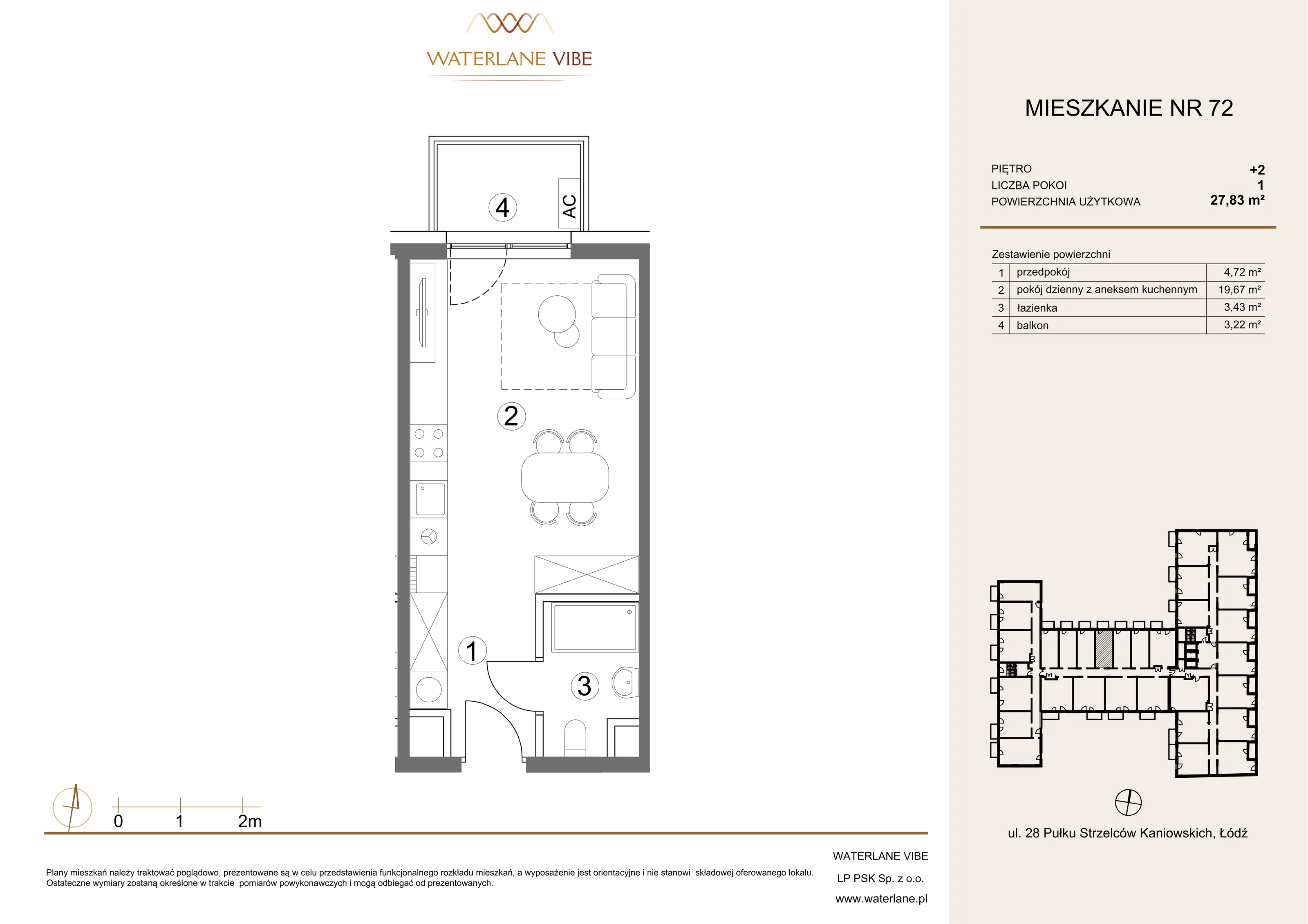 1 pokój, mieszkanie 27,83 m², piętro 2, oferta nr 72, Waterlane Vibe, Łódź, Polesie, Stare Polesie, ul. 28 Pułku Strzelców Kaniowskich 29