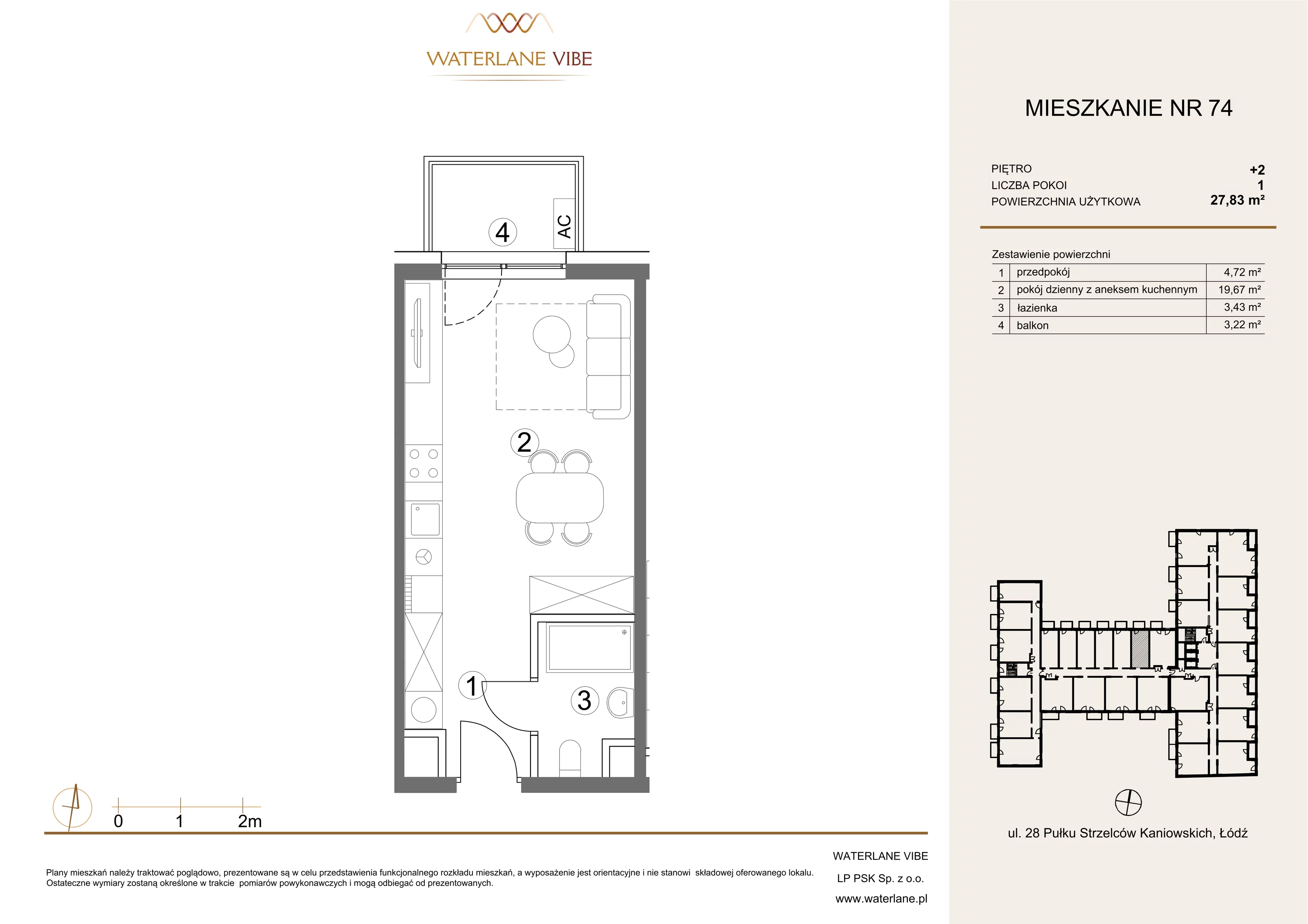 1 pokój, mieszkanie 27,83 m², piętro 2, oferta nr 74, Waterlane Vibe, Łódź, Polesie, Stare Polesie, ul. 28 Pułku Strzelców Kaniowskich 29