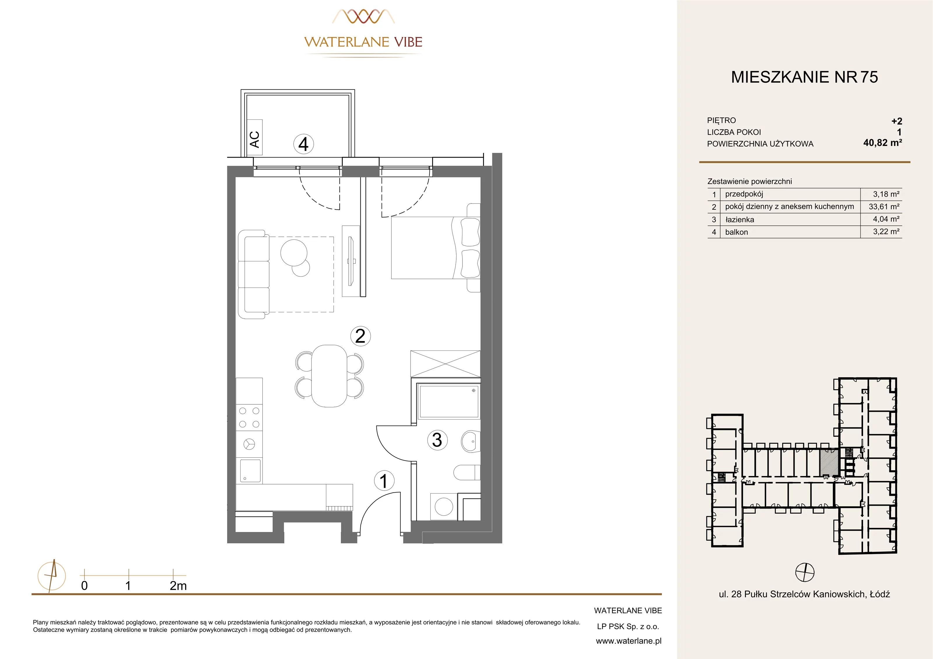 1 pokój, mieszkanie 40,82 m², piętro 2, oferta nr 75, Waterlane Vibe, Łódź, Polesie, Stare Polesie, ul. 28 Pułku Strzelców Kaniowskich 29